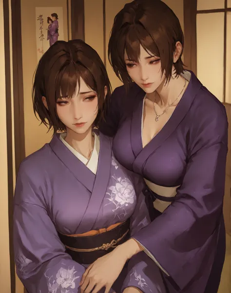 Score_9, Score_8_climb, Score_7_climb, source_ Anime, 1Girls, , brunette, Short hair, dark brown, หน้าอกใหญ่climb, Necklace, elevates the luxurious purple kimono, sexual excitement , Ryokan, The expression of estrus,