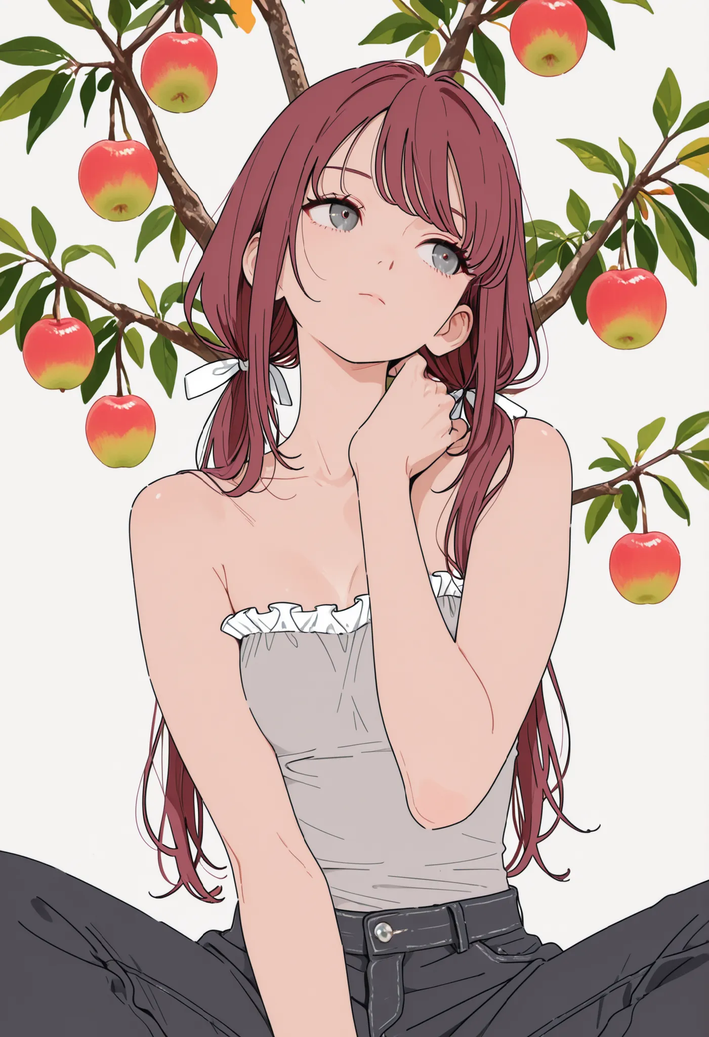 (masterpiece:1.2, Best Quality), (finely detailed beautiful eye: 1.2), (beautiful detailed face), solo, close up, toned arms, 1 expressionless girl, head tilt, close up, , beautiful face, Gray eyes, Dark red hair, long swept bangs, long hair in low twin ta...