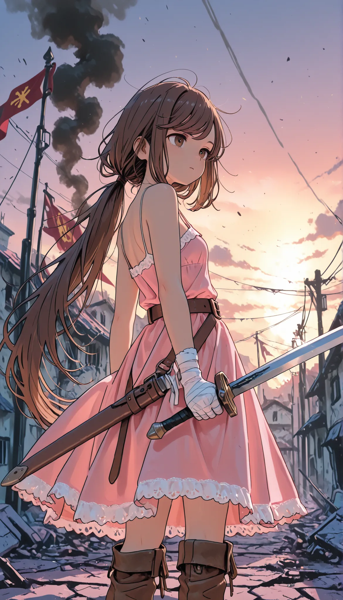 (Masterpiece, best quality), intricate details, JK, highly detailed, intricate details, solo, messy hair, brown hair , brown eyes , very long hair ,low ponytail, swept bangs thin , small breasts , bare shoulders , pink sundress , backless sundress , ban...