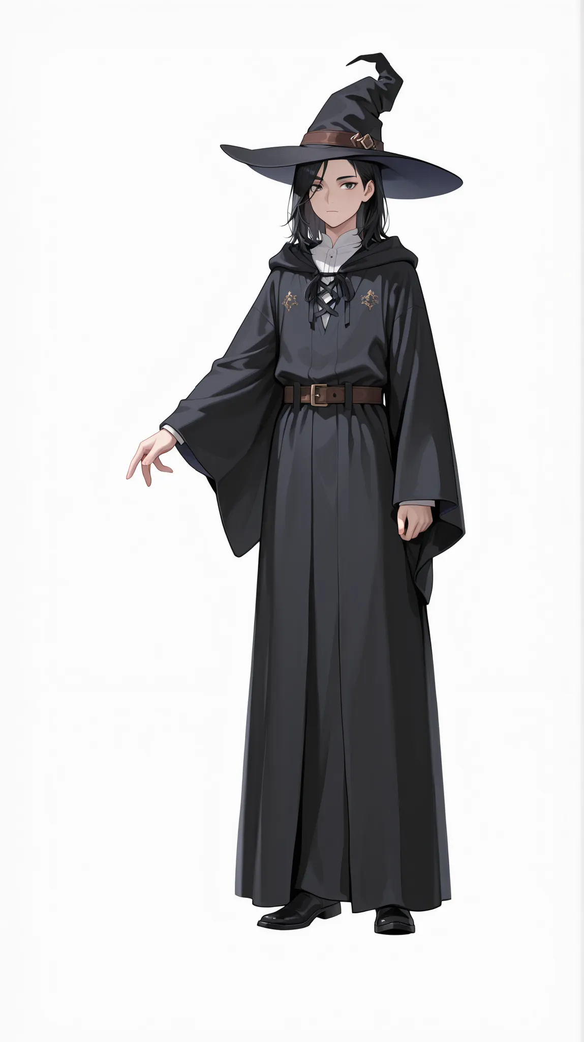 1boy, solo, looking at viewer, medium hair, simple background, black hair, long sleeves, hat, white shirt, white background, closed mouth, standing, full body, boots, belt, wide sleeves, black footwear, amber eyesblack headwear, witch hat, robe, medieval c...