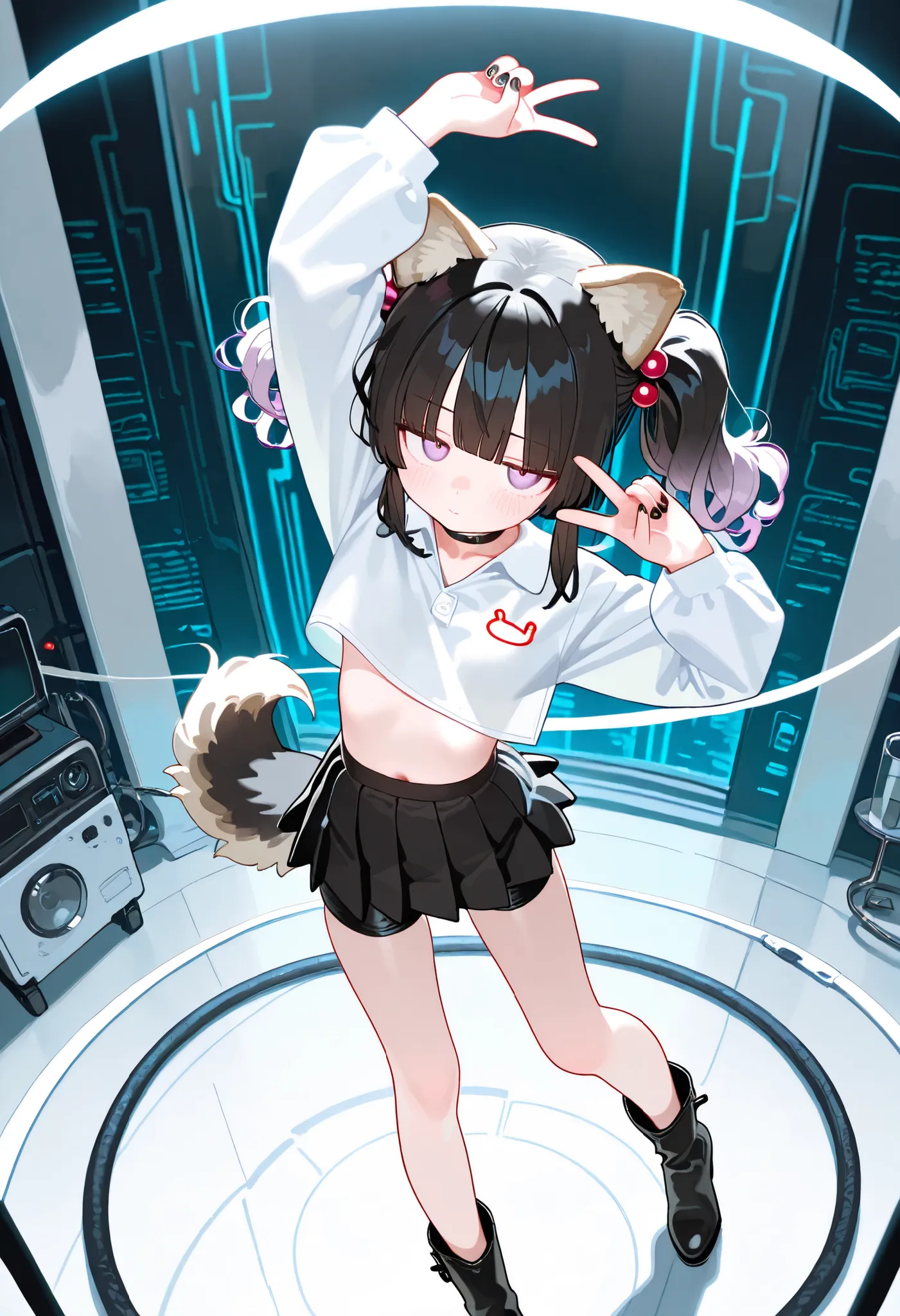 1girl, lavender eyes, jitome(0.5), Black Hair, white Grey Gradient Hair, blunt bangs, hime cut, Medium length twintails, curly hair, Full head of hair, dog tail, dog ears, small Breast, black clothes, black cropped top, Long sleeves, slit pleated skirt, lo...