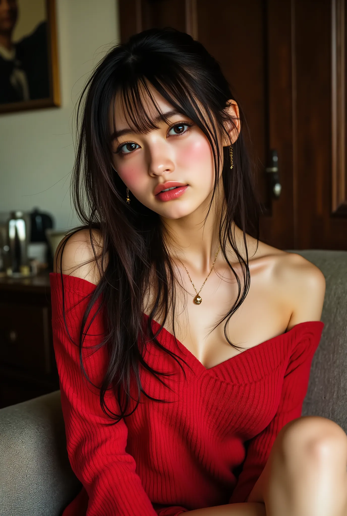 ((with text written on them)), ((Photorealistic:1.5)), (NSFW), Top quality, masterpiece, Ultra high resolution, realistic, absurd, ((very sexy pose)), ((black tight knit dress with off-shoulder and short length)), (1 person), ((very sexy and seductive pose...
