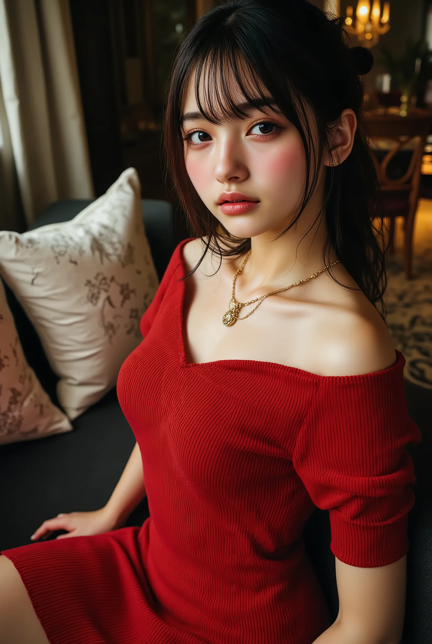 ((with text written on them)), ((Photorealistic:1.5)), (NSFW), Top quality, masterpiece, Ultra high resolution, realistic, absurd, ((very sexy pose)), ((black tight knit dress with off-shoulder and short length)), (1 person), ((very sexy and seductive pose...