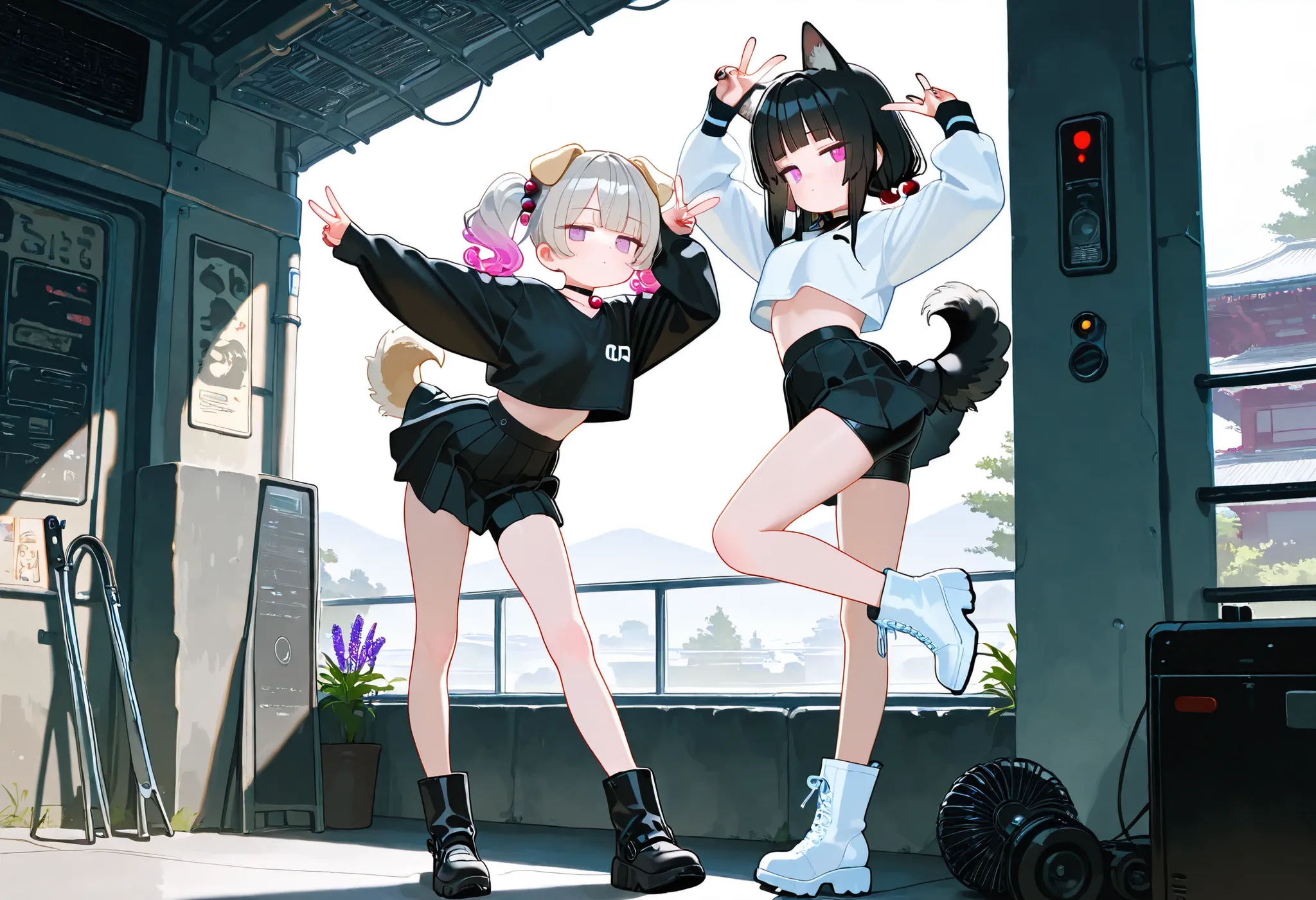 2girls, lavender eyes, jitome(0.5), Black Hair, white Grey Gradient Hair, blunt bangs, hime cut, Medium length twintails, curly hair, Full head of hair, dog tail, dog ears, small Breast, black clothes, black cropped top, Long sleeves, slit pleated skirt, l...