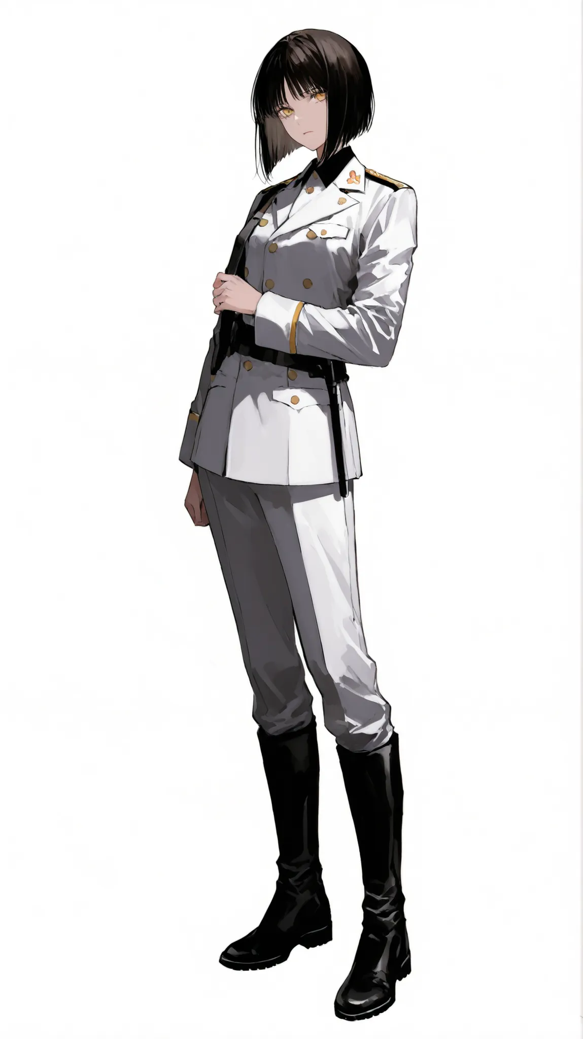 High Definition　girls　Full Body　front　Standing picture　Short　Has taupe hair 　bob hair　Golden eyes　white military uniforms　Formal Wear　black short boots　white background