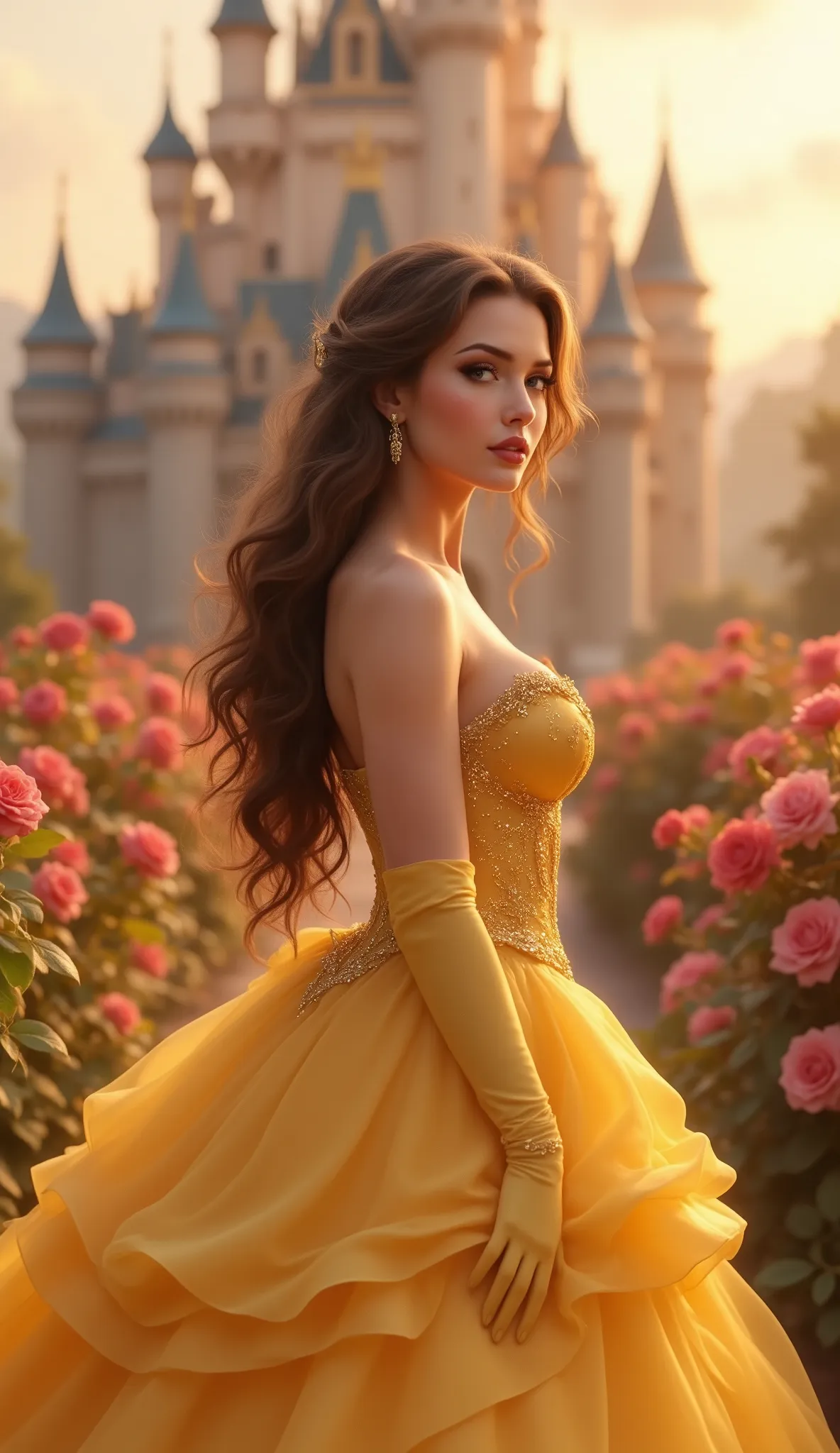 A realistic human version of Disney's Princess Belle, with large breasts, standing gracefully in front of a grand French-style fairytale castle, wearing her iconic golden yellow ball gown with subtle cleavage and her signature long opera gloves, long wavy ...