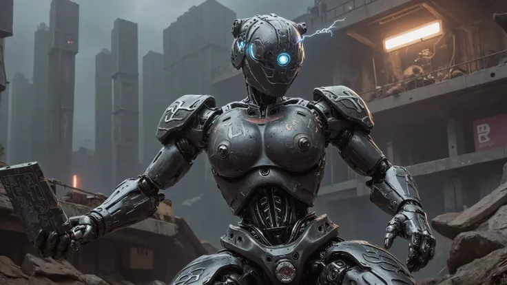 Hyper detailed, cinematic portrait: A unique, asymmetrical rebel robot, 'Nexus-Prime', built from scavenged tech & scarred matte black alloys. Its primary optic, a brilliant sapphire lens, pulses with code, streams complex data projecting its vision of a U...