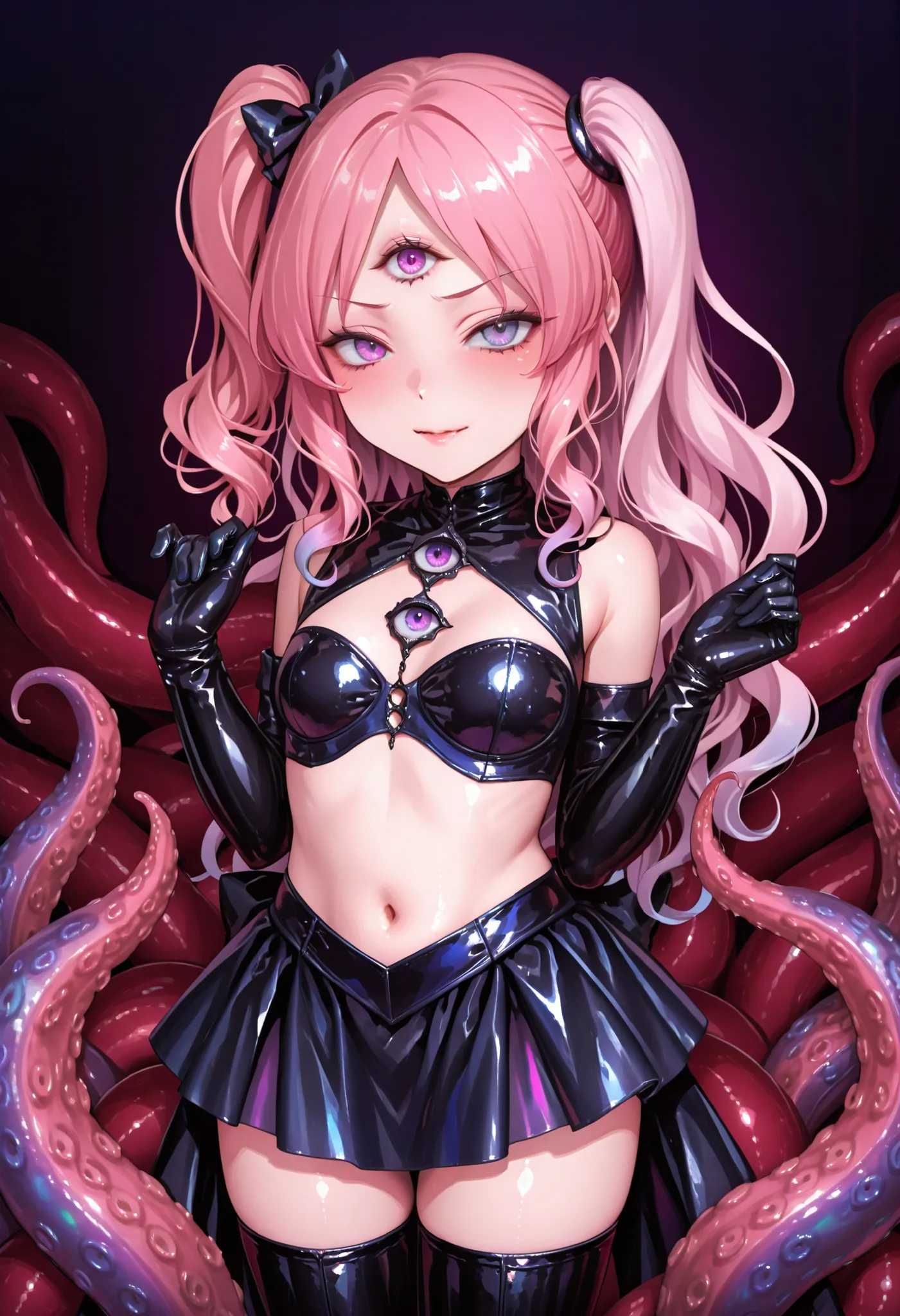Evil magical girl. Tentacle girl. Pink hair. Wavy hair. Side ponytail hair. Black bangs. Black metal hair accessory. Overconfident expression. Purple rainbow eyes. Third eye. Black costume. Blue metallic decoration. Latex cover navel. Black latex gloves. S...