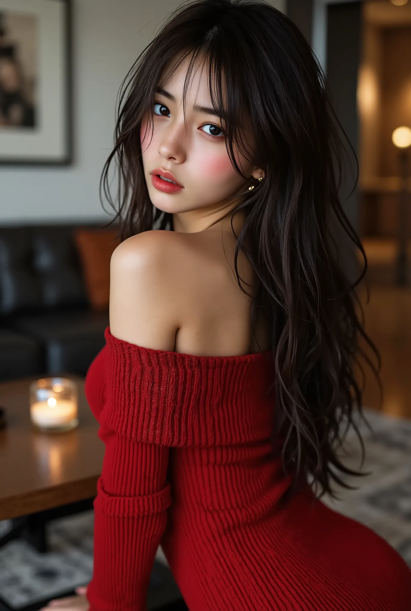 ((with text written on them)), ((Photorealistic:1.5)), (NSFW), Top quality, masterpiece, Ultra high resolution, realistic, absurd, ((very sexy pose)), ((black tight knit dress with off-shoulder and short length)), (1 person), (((Shooting from head to knee ...