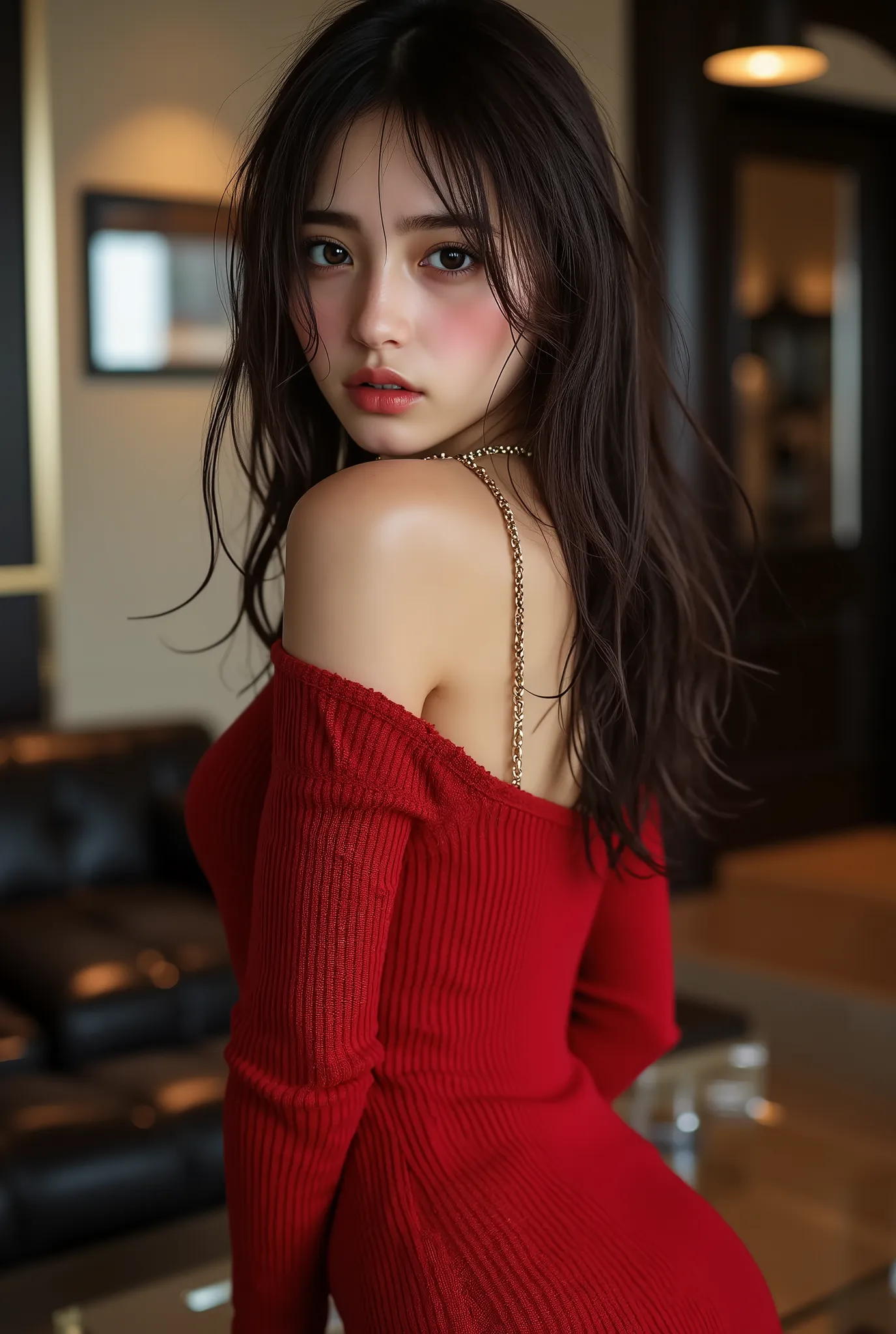 ((with text written on them)), ((Photorealistic:1.5)), (NSFW), Top quality, masterpiece, Ultra high resolution, realistic, absurd, ((very sexy pose)), ((black tight knit dress with off-shoulder and short length)), (1 person), (((Shooting from head to knee ...