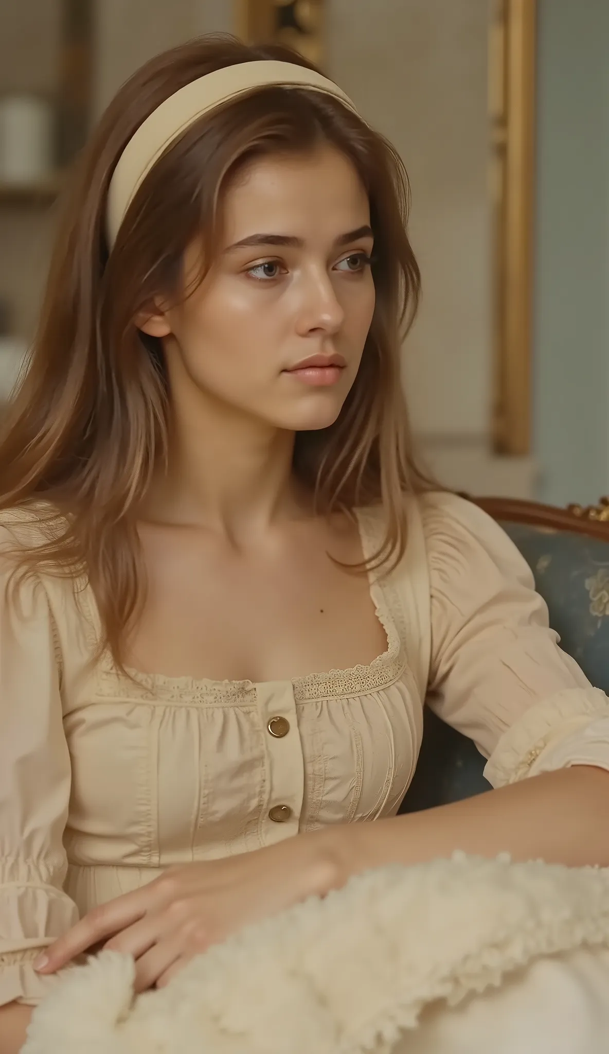 Eve, 20-year-old slender female with serene expression, light brown straight hair with subtle waves, medium-long length with cream fabric headband, oval face with soft features, large expressive gray-green eyes looking slightly to the side, natural medium-...