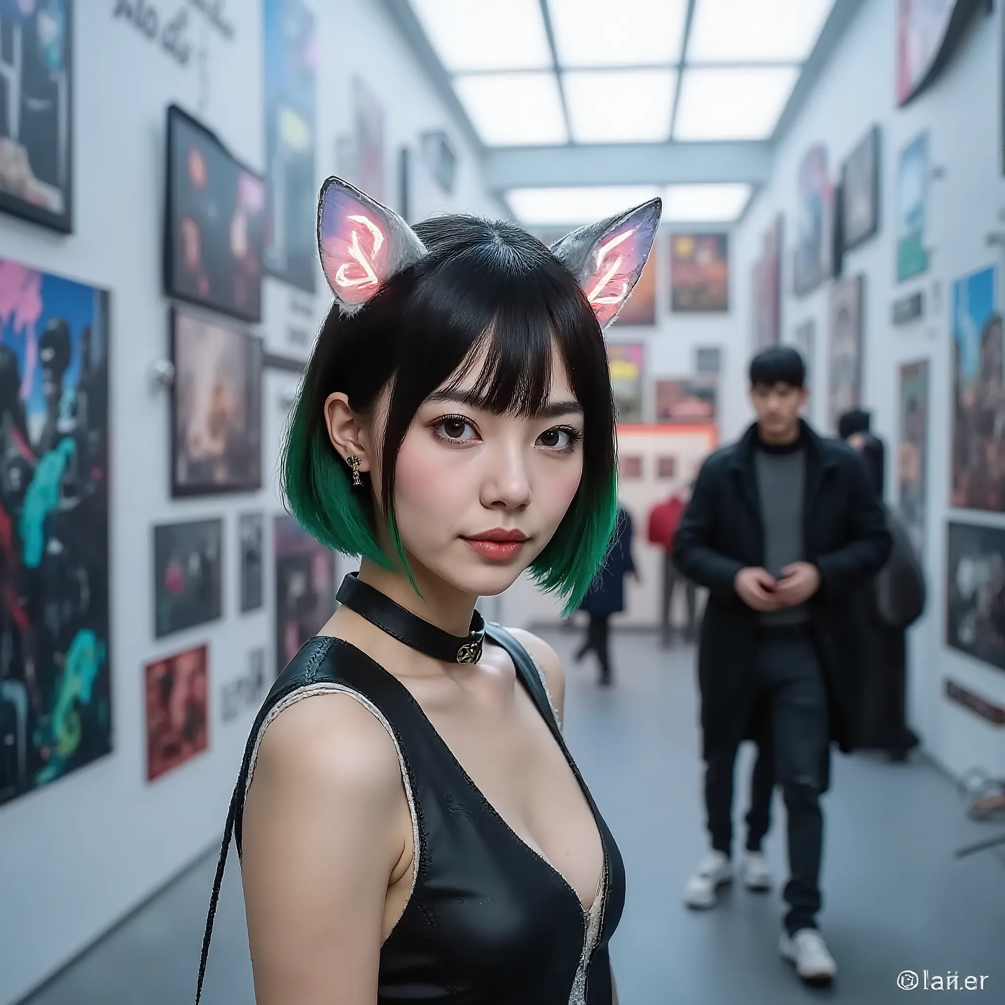 Art Museum of the Near Future。Woman with Green Short Hair Wearing Glowing Cat Ears、Walking through a Big Museum。The museum wall is big white　Many works of art are on display　Femininity　  white leather jacket　Showing a Woman's Upper Chest。Black Slim Jeans