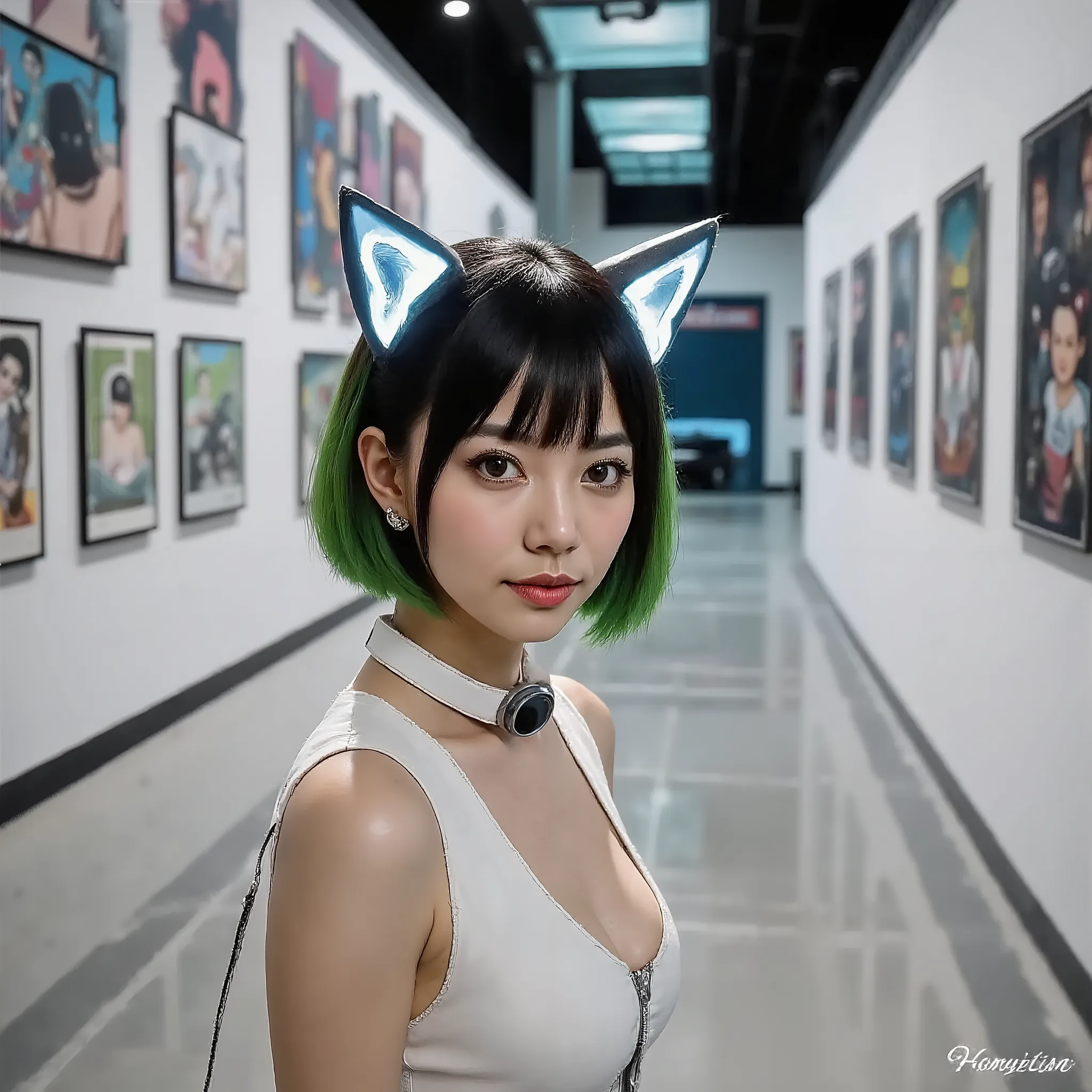 Art Museum of the Near Future。Woman with Green Short Hair Wearing Glowing Cat Ears、Walking through a Big Museum。The museum wall is big white　Many works of art are on display　Femininity　  white leather jacket　Showing a Woman's Upper Chest。Black Slim Jeans