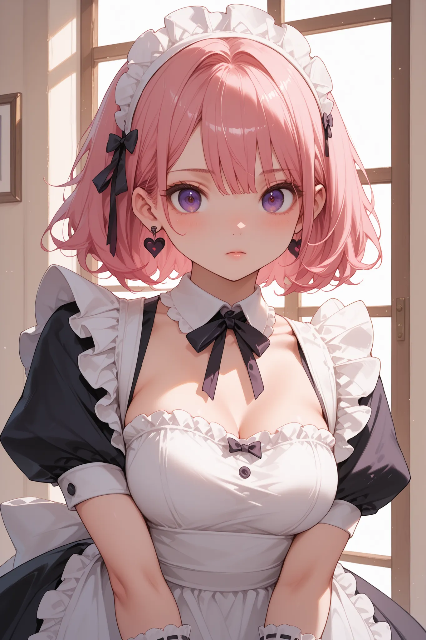 score core 8 up、score 7 up、animation source、masterpiece、high quality、high resolution、chest、voluptuous body、Jeda style、Vivid colors、CivChan、purple eyes、pink hair、maid costume、dynamic poses、Room