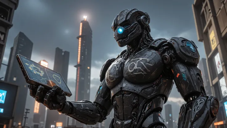 Hyper detailed, cinematic portrait: A unique, asymmetrical rebel robot, 'Nexus-Prime', built from scavenged tech & scarred matte black alloys. Its primary optic, a brilliant sapphire lens, pulses with code, streams complex data projecting its vision of a U...
