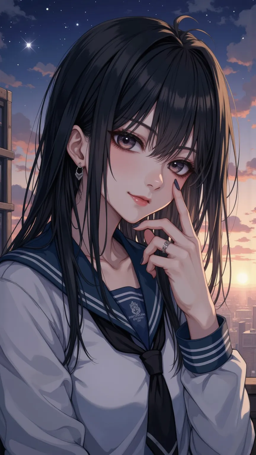 1girl、anime coloring、Anime Artwork、masterpiece、best quality、Newest、absurd、high resolution、Safety、CG、
movie lights、Natural Shade、Highest detail、detailed background、complex風景、Depth of field、Crazy details 、complex、Subsurface scattering、
is very beautiful、Quiet atmosphere，
 Exquisite Face，Beautiful Face，gentle smile，small smile，small smile，looking at viewer，
Sky，evening，Night Sky，Star，Bird，
藝術渲染、Dramatic Contrast、Luminous element 、soft painting texture、Eye-Catching Visual Design，
charming eyes，tsurime，
<lora:k