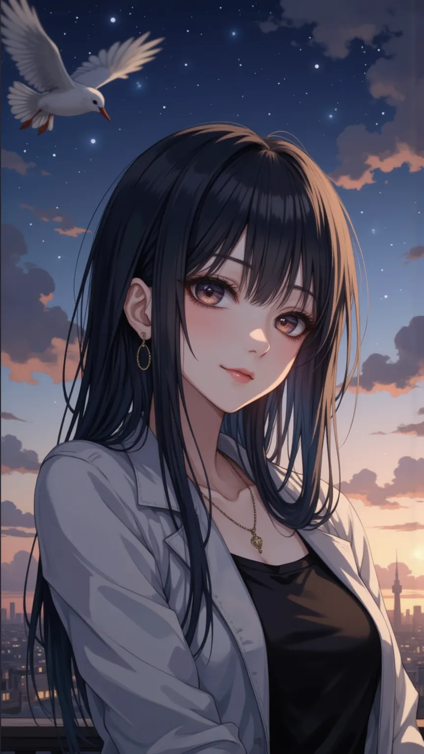 1girl、anime coloring、Anime Artwork、masterpiece、best quality、Newest、absurd、high resolution、Safety、CG、
movie lights、Natural Shade、Highest detail、detailed background、complex風景、Depth of field、Crazy details 、complex、Subsurface scattering、
is very beautiful、Quiet atmosphere，
 Exquisite Face，Beautiful Face，gentle smile，small smile，small smile，looking at viewer，
Sky，evening，Night Sky，Star，Bird，
藝術渲染、Dramatic Contrast、Luminous element 、soft painting texture、Eye-Catching Visual Design，
charming eyes，tsurime，
<lora:k