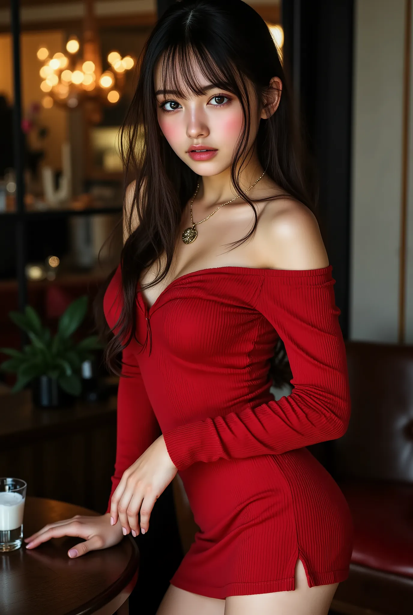 ((with text written on them)), ((Photorealistic:1.5)), (NSFW), Top quality, masterpiece, Ultra high resolution, realistic, absurd, ((very sexy pose)), ((black tight knit dress with off-shoulder and short length)), (1 person), (((Shooting from head to knee ...