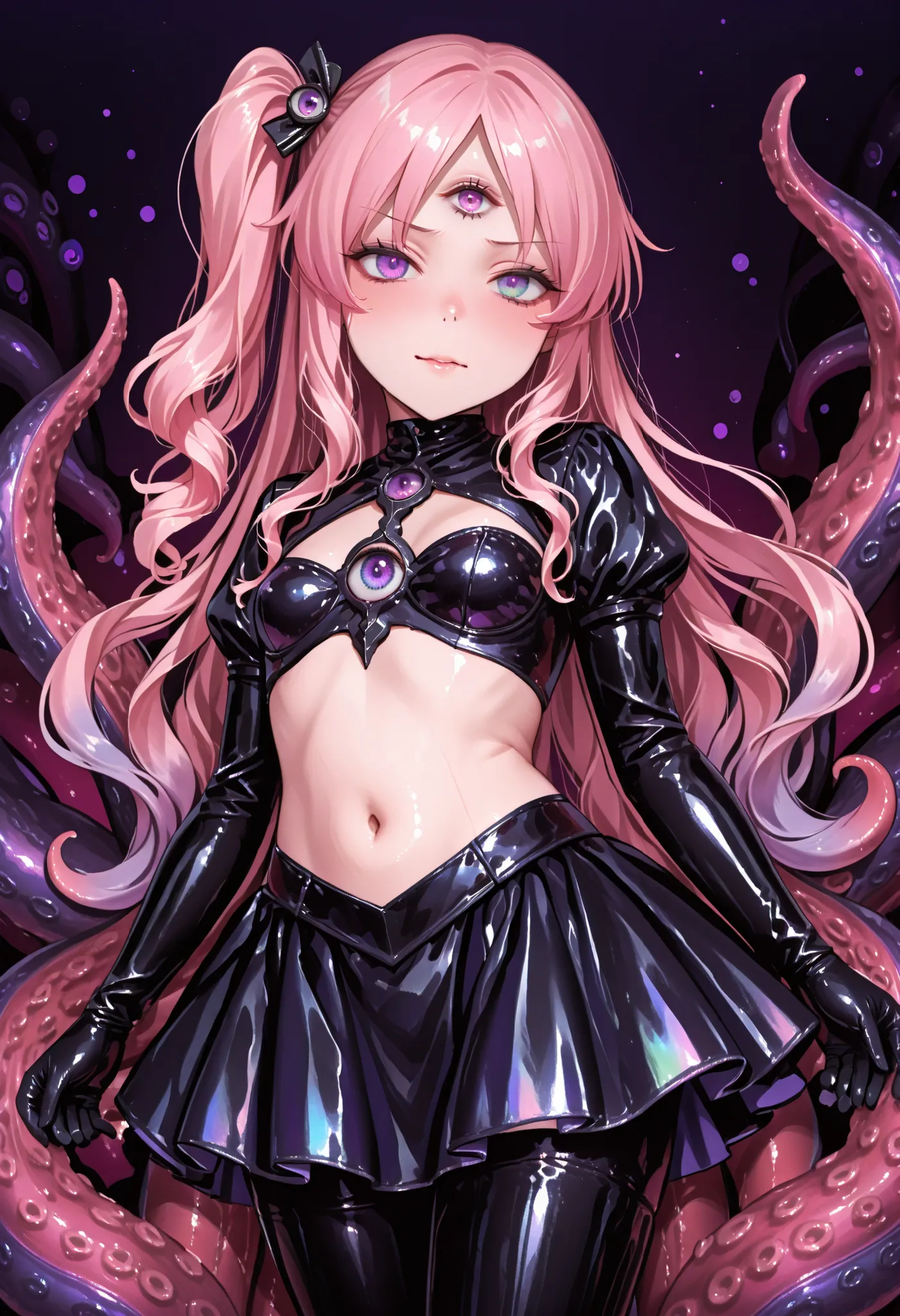 Evil magical girl. Tentacle girl. Pink hair. Wavy hair. Side ponytail hair. Black bangs. Black metal hair accessory. Overconfident expression. Purple rainbow eyes. Third eye. Black costume. Blue metallic decoration. Latex cover navel. Black latex gloves. S...
