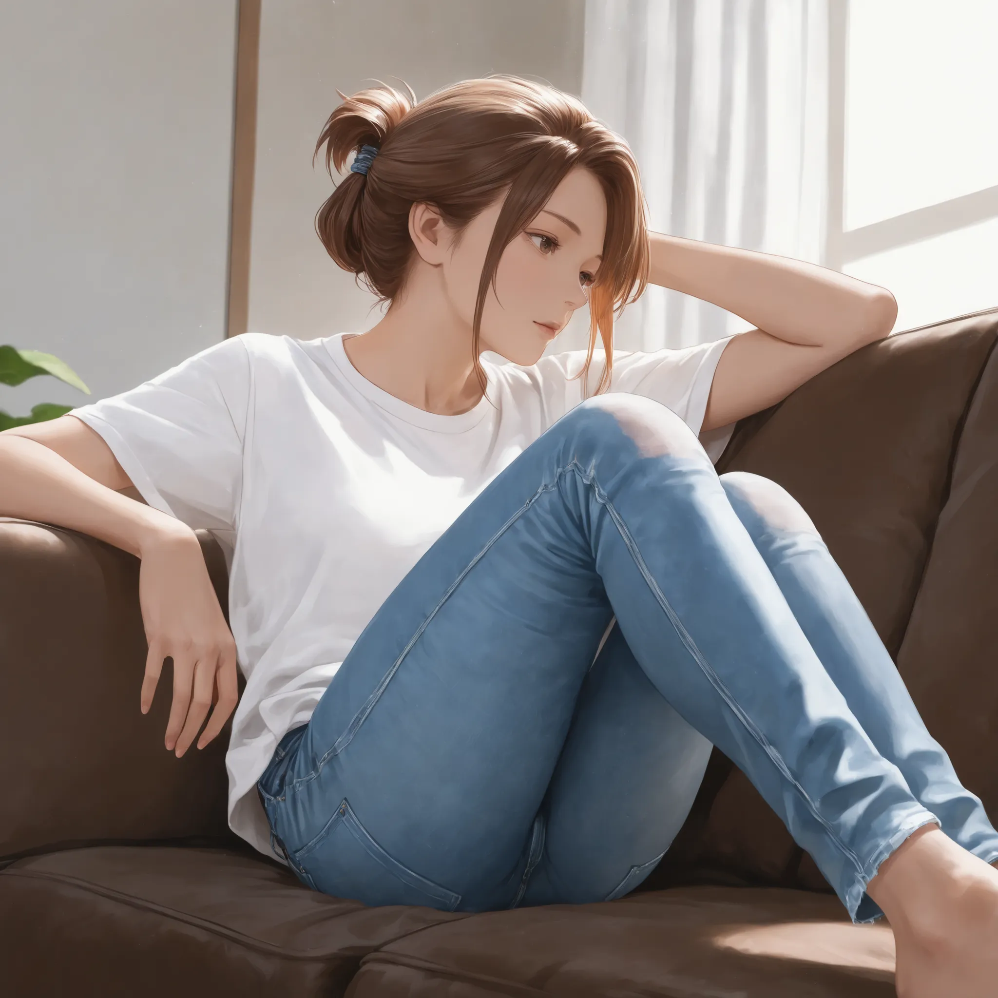 masterpieces, best quality, Soft Details, Ultra high definition, semi-realistic, realistic eyes, Realistic Hair, jeans, white t-shirt, tied hair, Seated on the sofa in the