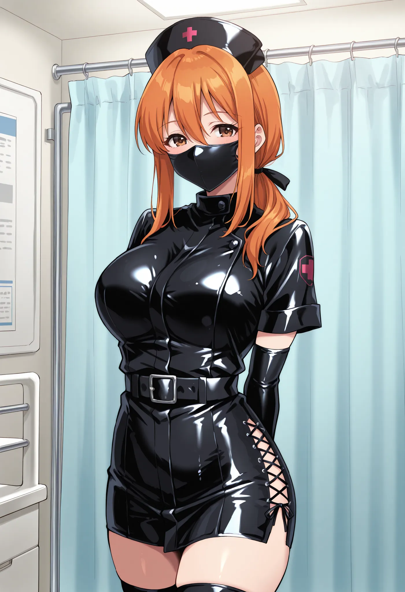 Score_9, score_8_up, score_7_up, source_anime, Aki Minami, solo, alternate hairstyle, low ponytail, orange hair, sidelocks, hair between eyes, bangs, brown eyes, large breasts, enamel leather dark nurse, latex dress, black latex elbow gloves, black latex l...