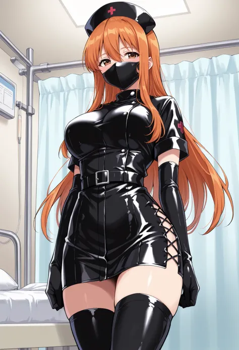 Score_9, score_8_up, score_7_up, source_anime, Aki Minami, solo, long hair, orange hair, sidelocks, hair between eyes, bangs, brown eyes, large breasts, enamel leather dark nurse, latex dress, black latex elbow gloves, black latex legwear, latex, latex ski...