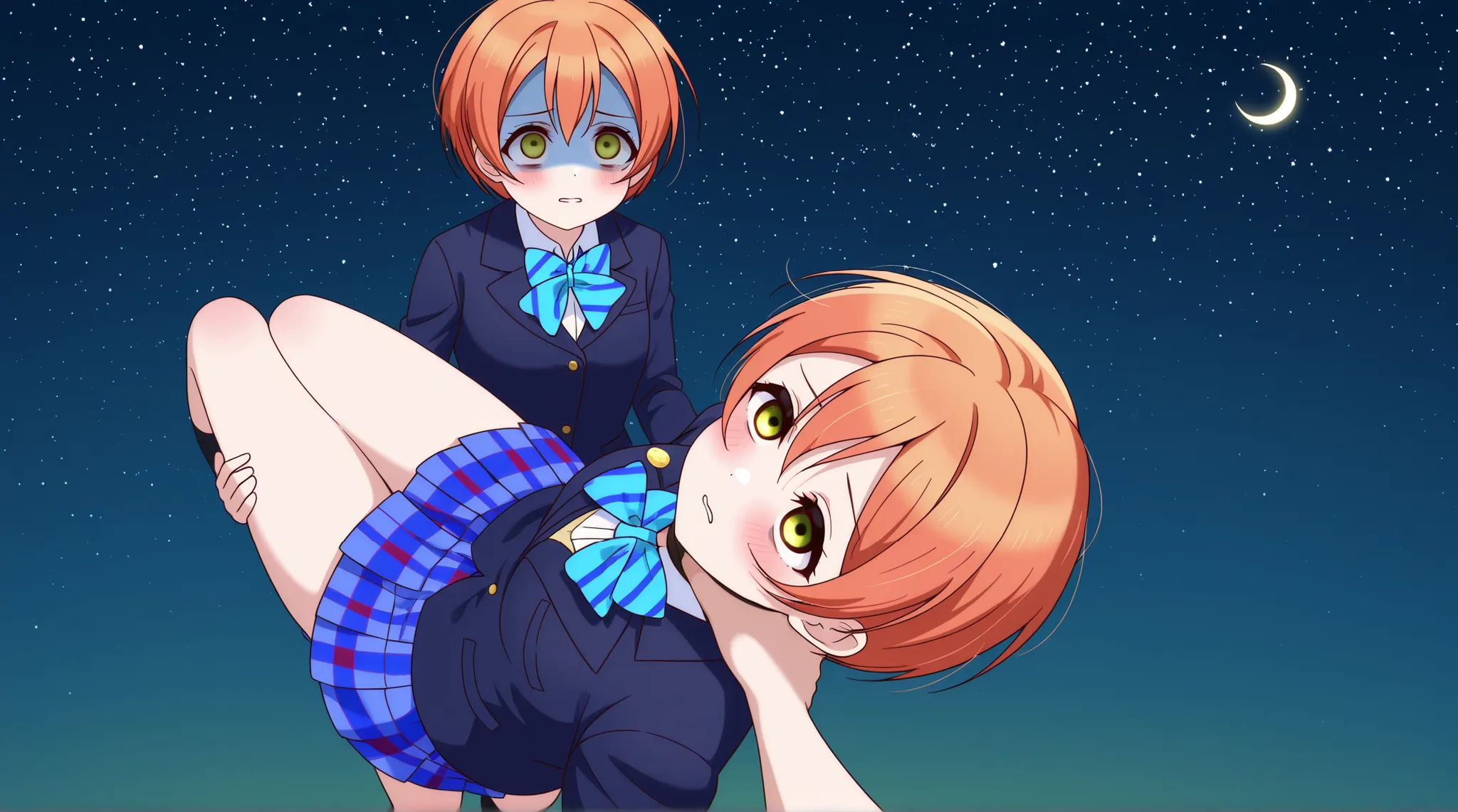 1girl, hoshizora rin, striped, short hair, blush, otonokizaka school uniform, lovelive_rin black blazer, blue plaid skirt, blue stripe bowtie, orange hair, very short hair, hair between eyes, yellow green eyes,knee up,crescent moon, stars (sky), blue face,...