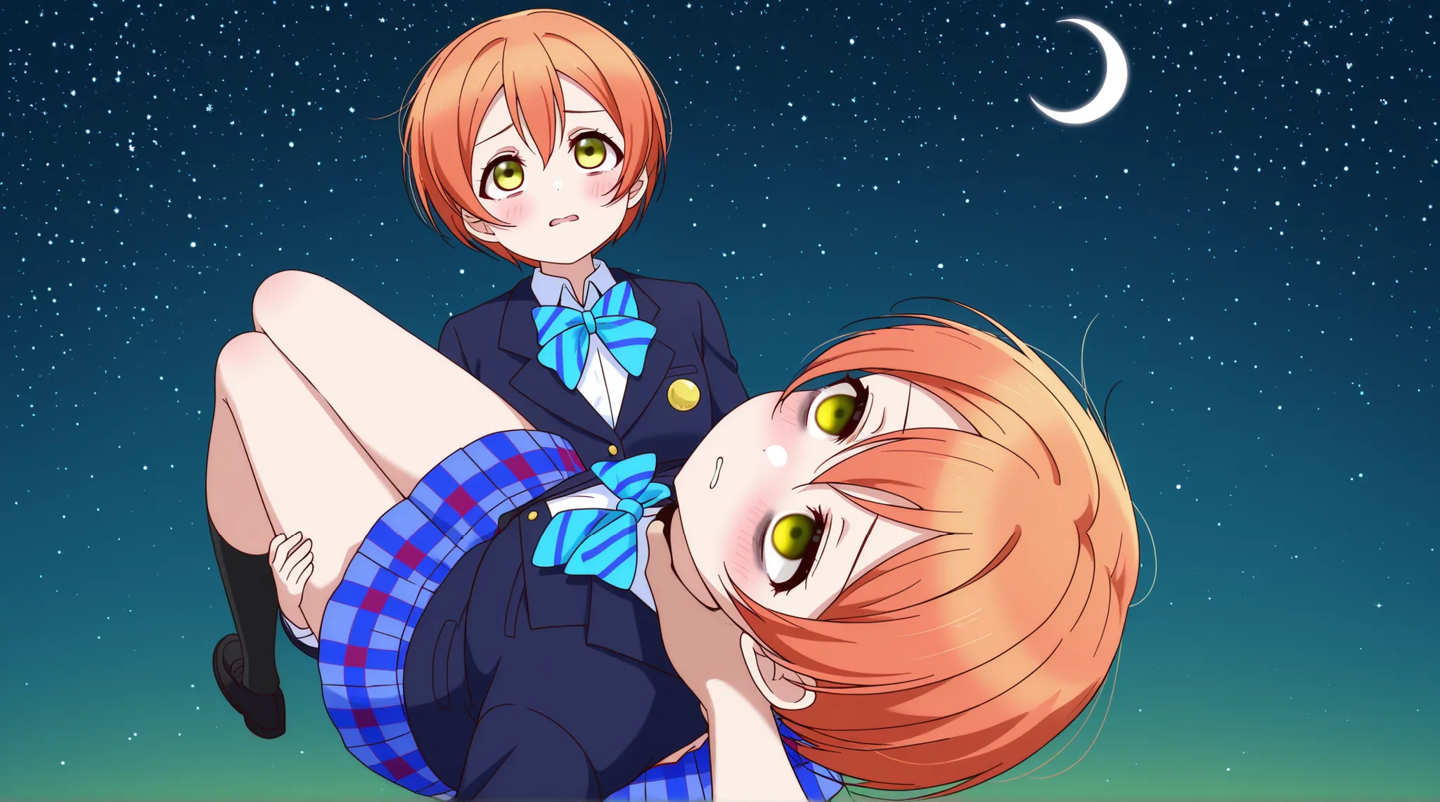 1girl, hoshizora rin, striped, short hair, blush, otonokizaka school uniform, lovelive_rin black blazer, blue plaid skirt, blue stripe bowtie, orange hair, very short hair, hair between eyes, yellow green eyes,knee up,crescent moon, stars (sky), blue face,...
