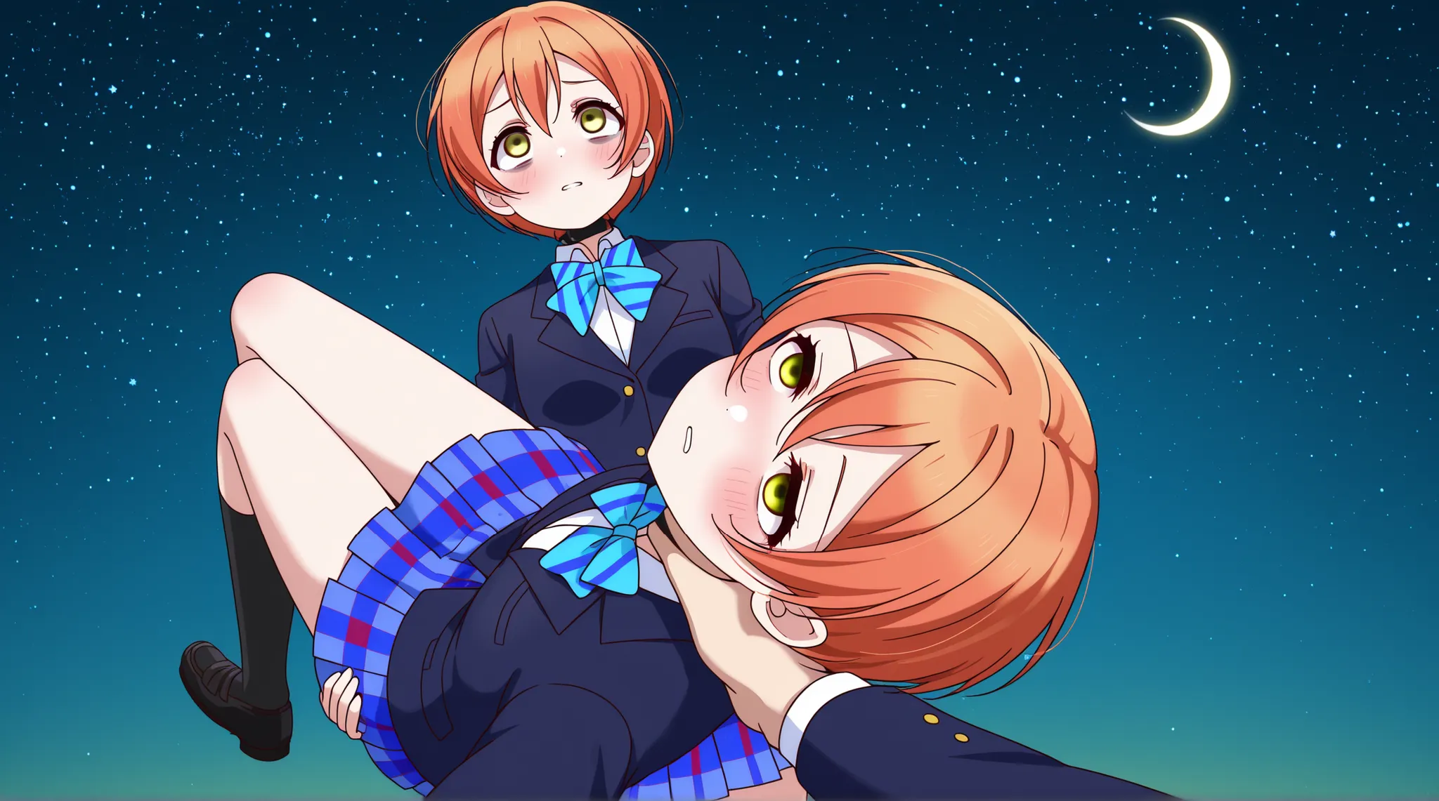 1girl, hoshizora rin, striped, short hair, blush, otonokizaka school uniform, lovelive_rin black blazer, blue plaid skirt, blue stripe bowtie, orange hair, very short hair, hair between eyes, yellow green eyes,knee up,crescent moon, stars (sky), blue face,...