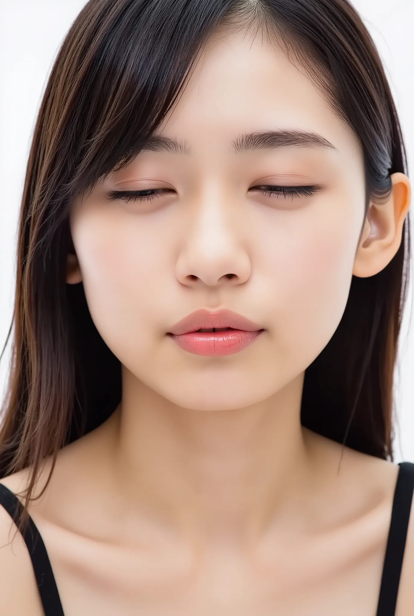 beautiful young woman, standing slightly on tiptoes, collarbone up framing, hands held behind back, head tilted slightly back, lips tightly puckered and strongly protruded, round kissy lips, heart-shaped lips, extremely glossy soft pink lips, intense lip h...