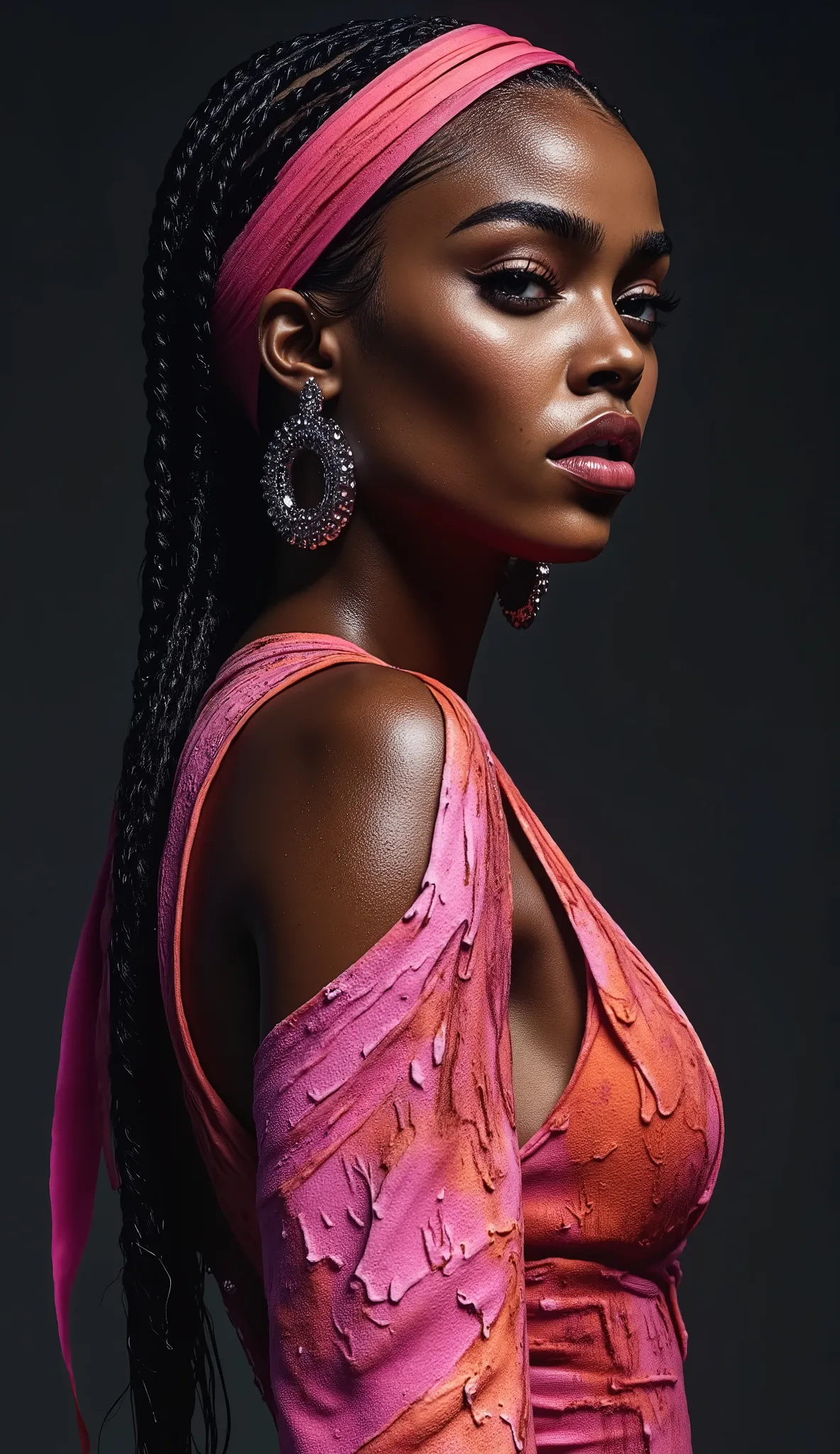 Realistic (photorealistic Realism), (high resolution), ((intricately detailed digital art)), professional photo a young Black woman, positioned slightly to the left of center in the image, is the focal point.  She has long, dreadlocked hair, with vibrant c...