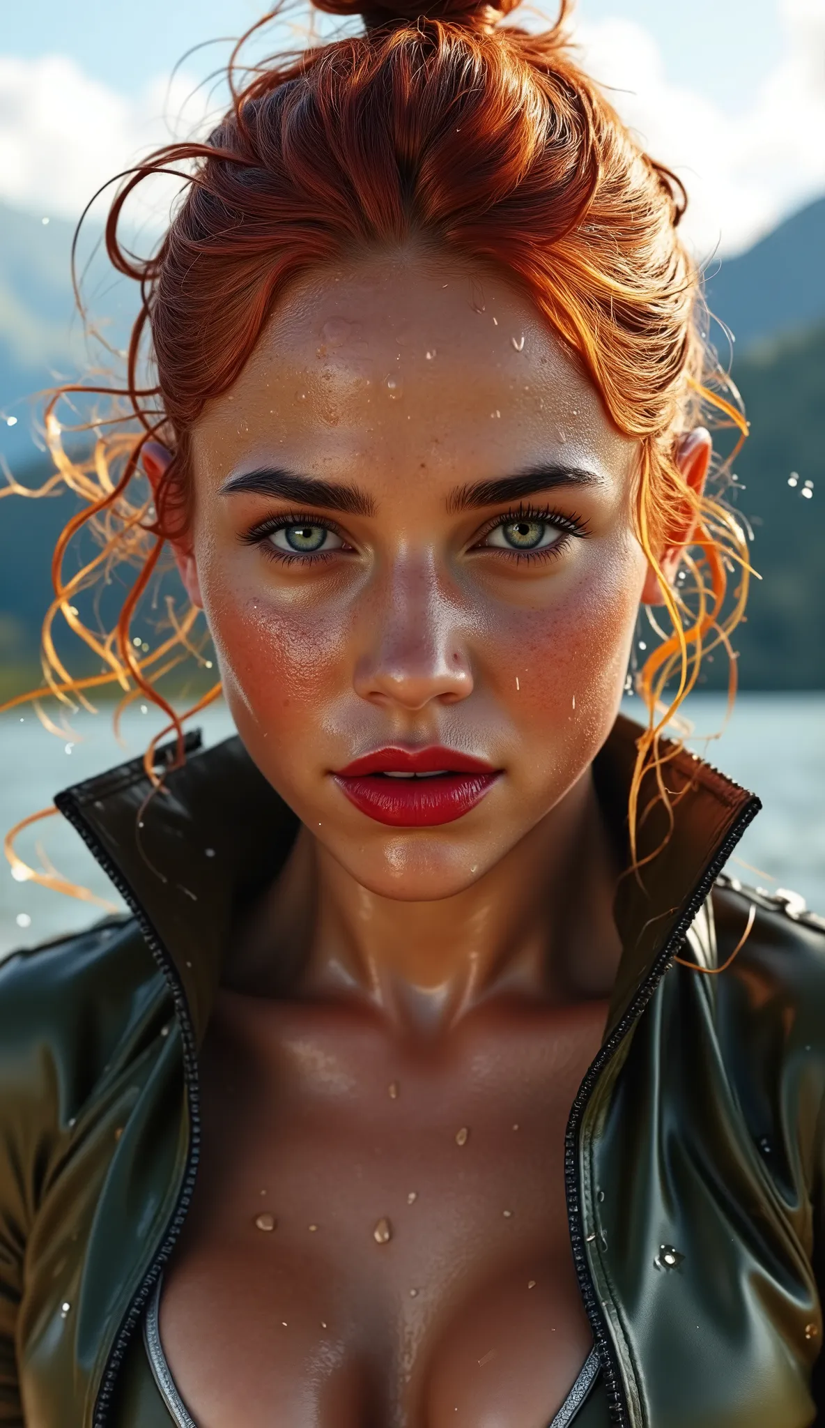 Realistic (photorealistic Realism), (high resolution), ((intricately detailed digital art)), professional low coloured and contrast photography a young woman with vibrant, fiery red hair, centered in the image. She appears to be in her late s or early twe...