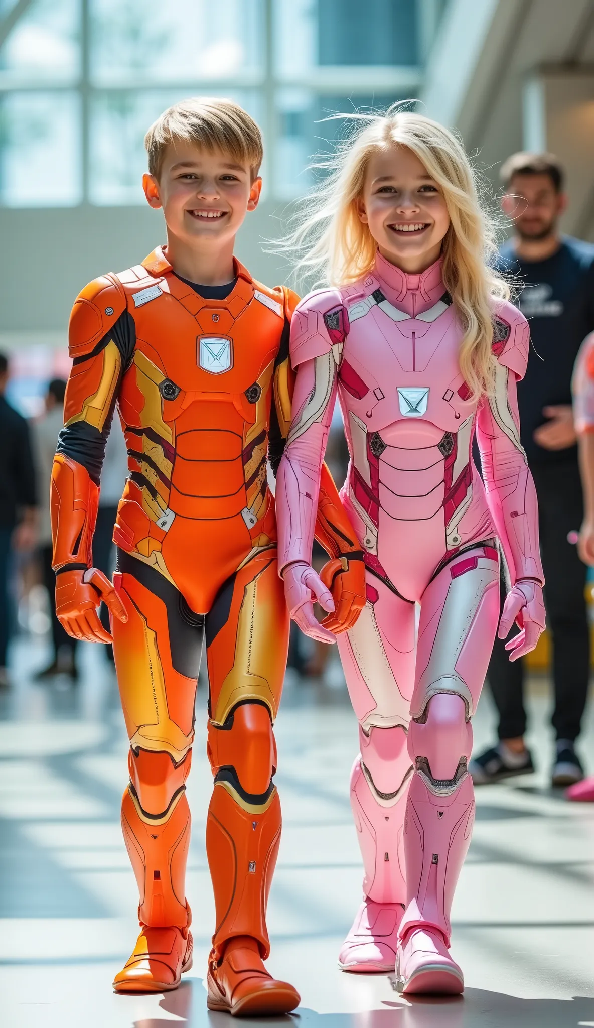 character: 1 boy blonde hair Wearing futuristic orange white ironman body suit , and 1 girl blonde hair Wearing futuristic pink white Ironman body suit. Their facial skin is clean and white.
action: standing. They look at the camera.
Expression : smili...