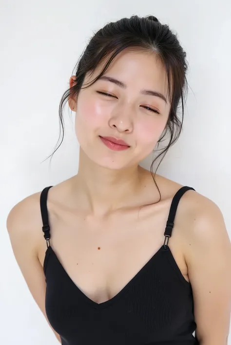 beautiful young woman, standing slightly on tiptoes, collarbone up framing, hands held behind back, head tilted slightly back, lips tightly puckered and strongly protruded, round kissy lips, heart-shaped lips, extremely glossy soft pink lips, intense lip h...
