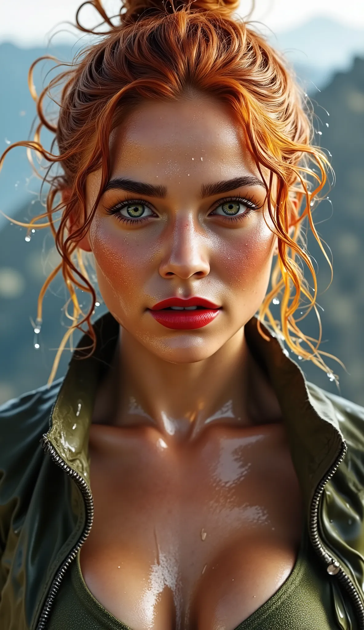 Realistic (photorealistic Realism), (high resolution), ((intricately detailed digital art)), professional low coloured and contrast photography a young woman with vibrant, fiery red hair, centered in the image. She appears to be in her late s or early twe...