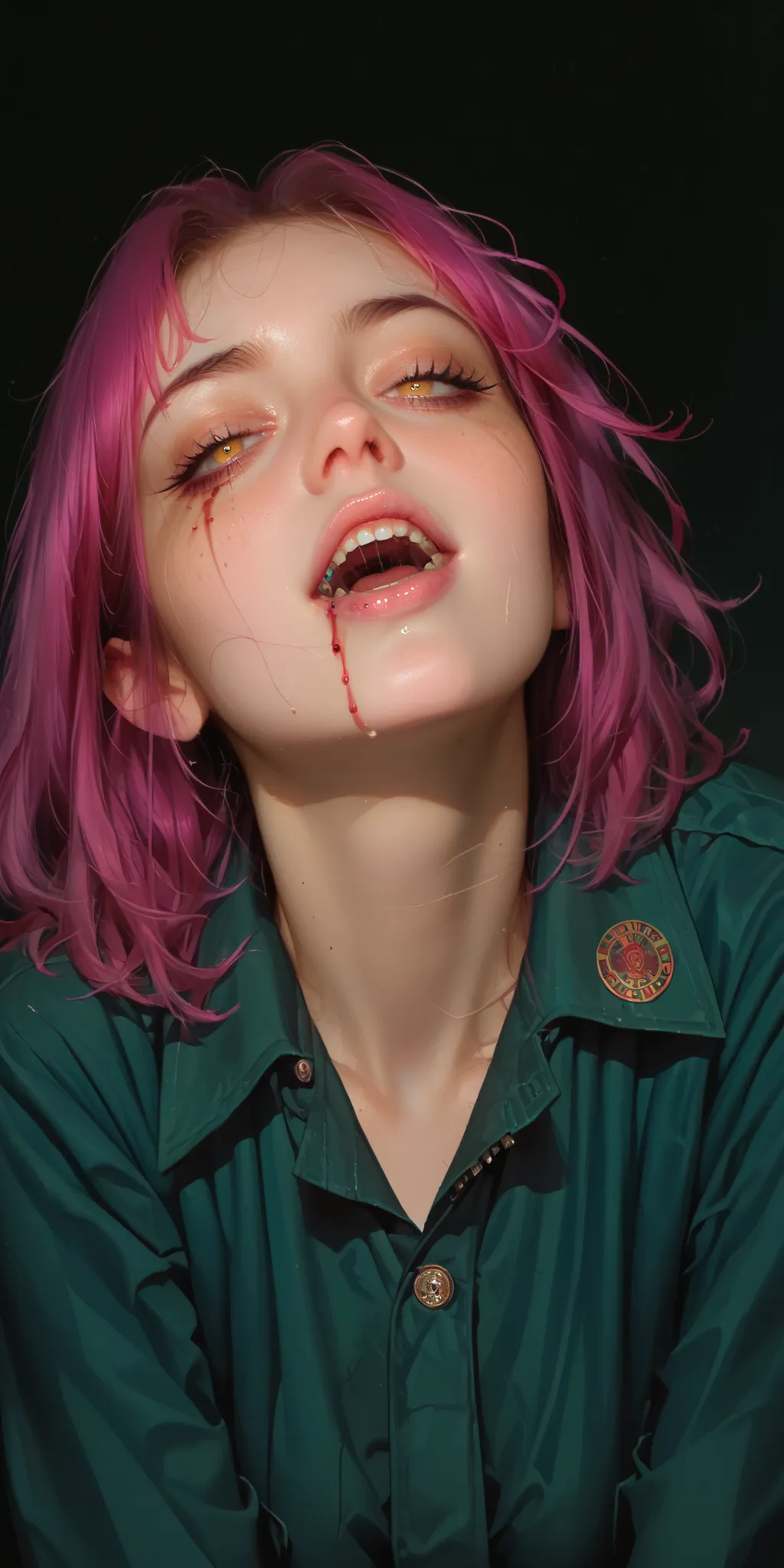 A young, Asian female anime character, positioned diagonally in the upper left quadrant of the frame, is depicted in a dynamic pose. She has vibrant, magenta-purple hair styled in pigtails. Her eyes are a striking, glowing yellow, and her mouth is open in...