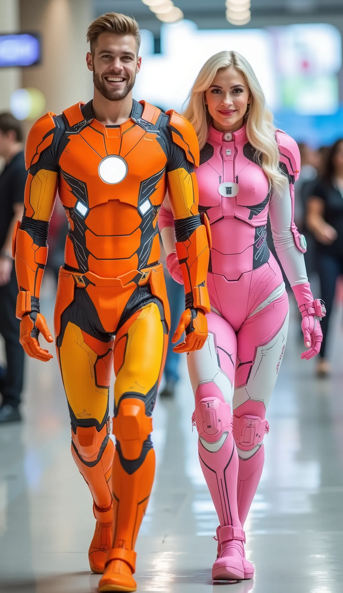 character: ung man blonde hair Wearing futuristic orange white ironman body suit , and ung woman blonde hair Wearing futuristic pink white Ironman body suit. Their facial skin is clean and white.
action: standing. They look at the camera.
Expression : s...