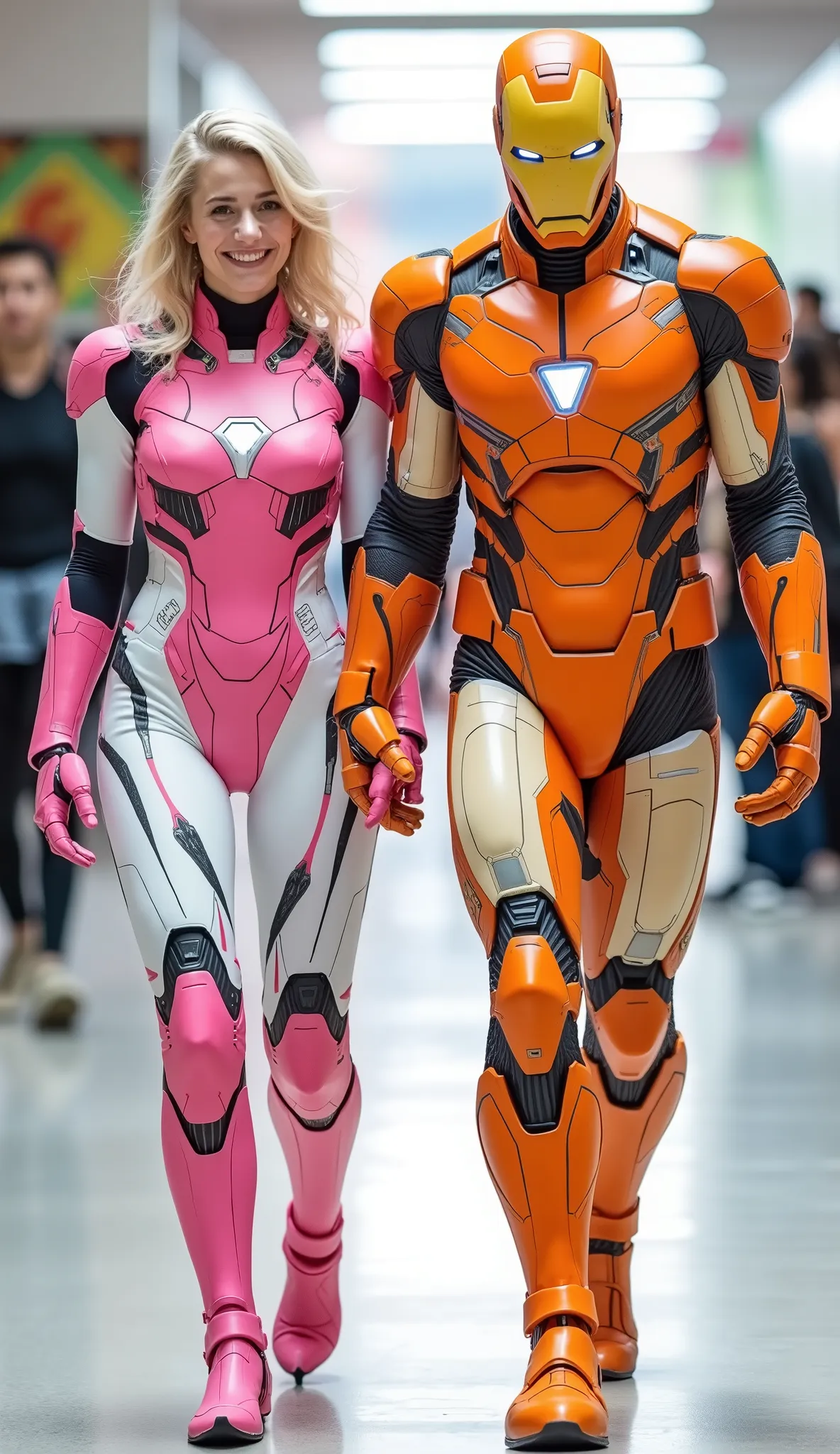 character: 1 man with yellow white mask full head Wearing futuristic orange white ironman body suit , and 1 woman blonde hair Wearing futuristic pink white Ironman body suit. Their facial skin is clean and white.
action: standing. They look at the camera...