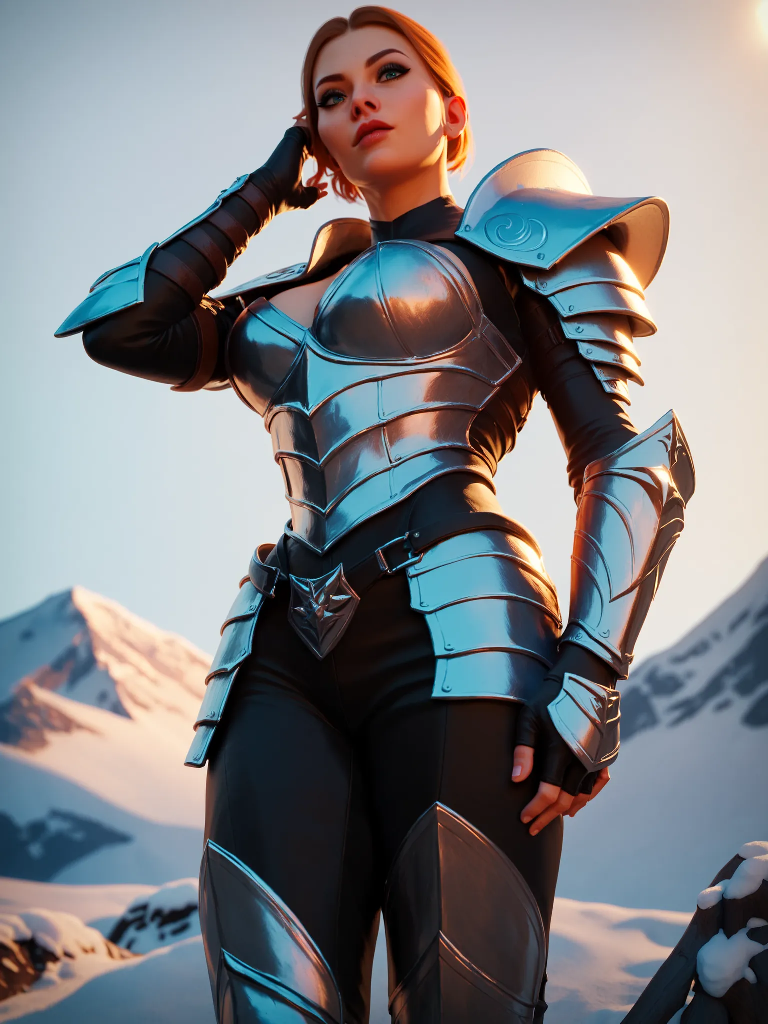 Score_9, score_8_up, score_7_up, score_6_up, (snow mountains backdrop), godrays, blurry backdrop, very sexy low angle, breast armor, battle warrior woman posing for the viewer