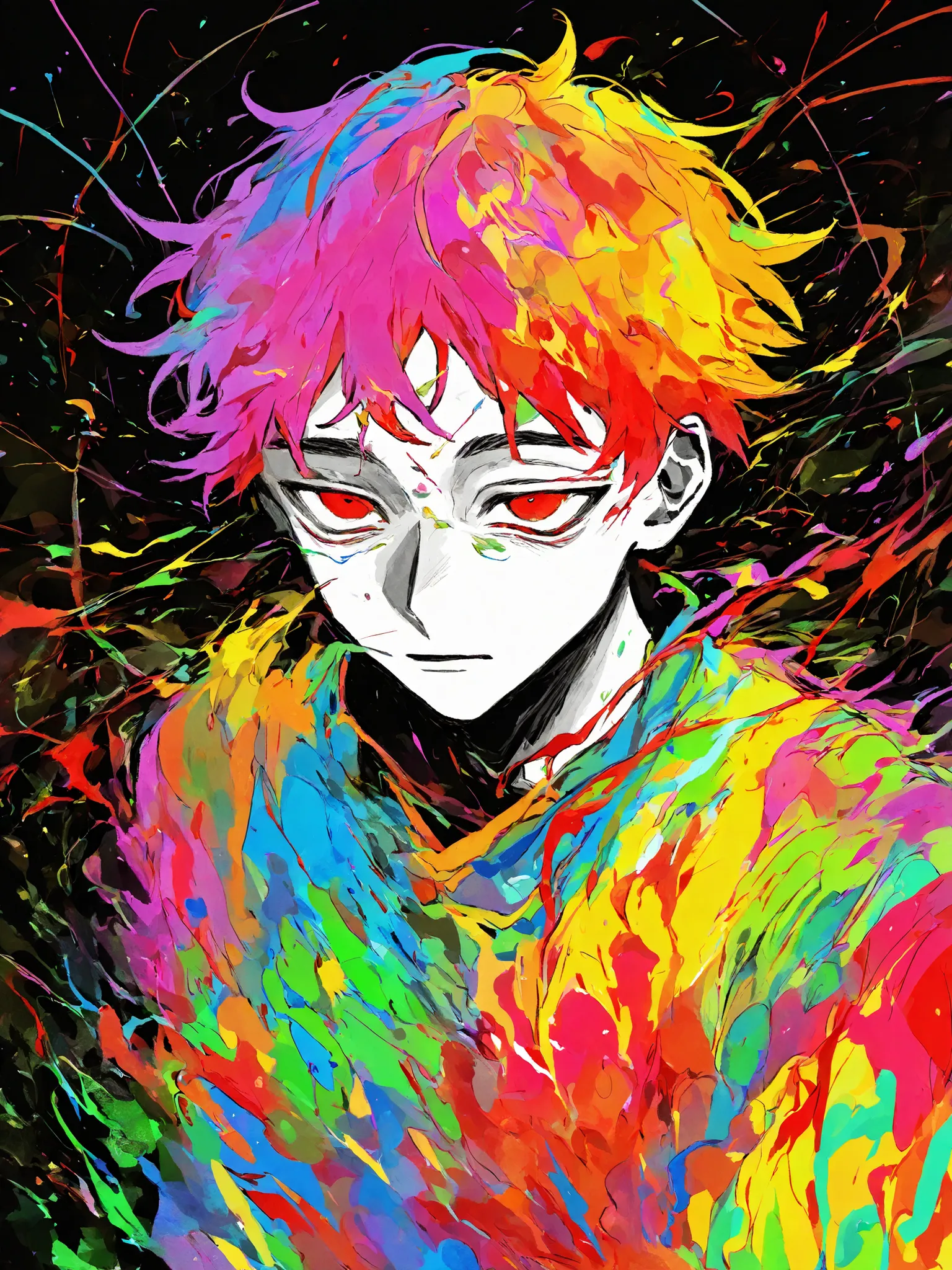 perfect composition, Very awa, jaggy lines,  Limited color, spot color,  colorful, acid_trip, abstract background, Limited color, traditional media, Depression angle,  perspective deformation, facial focus,
1 boy, Upper body, downstairs,  Colored hair，Flut...
