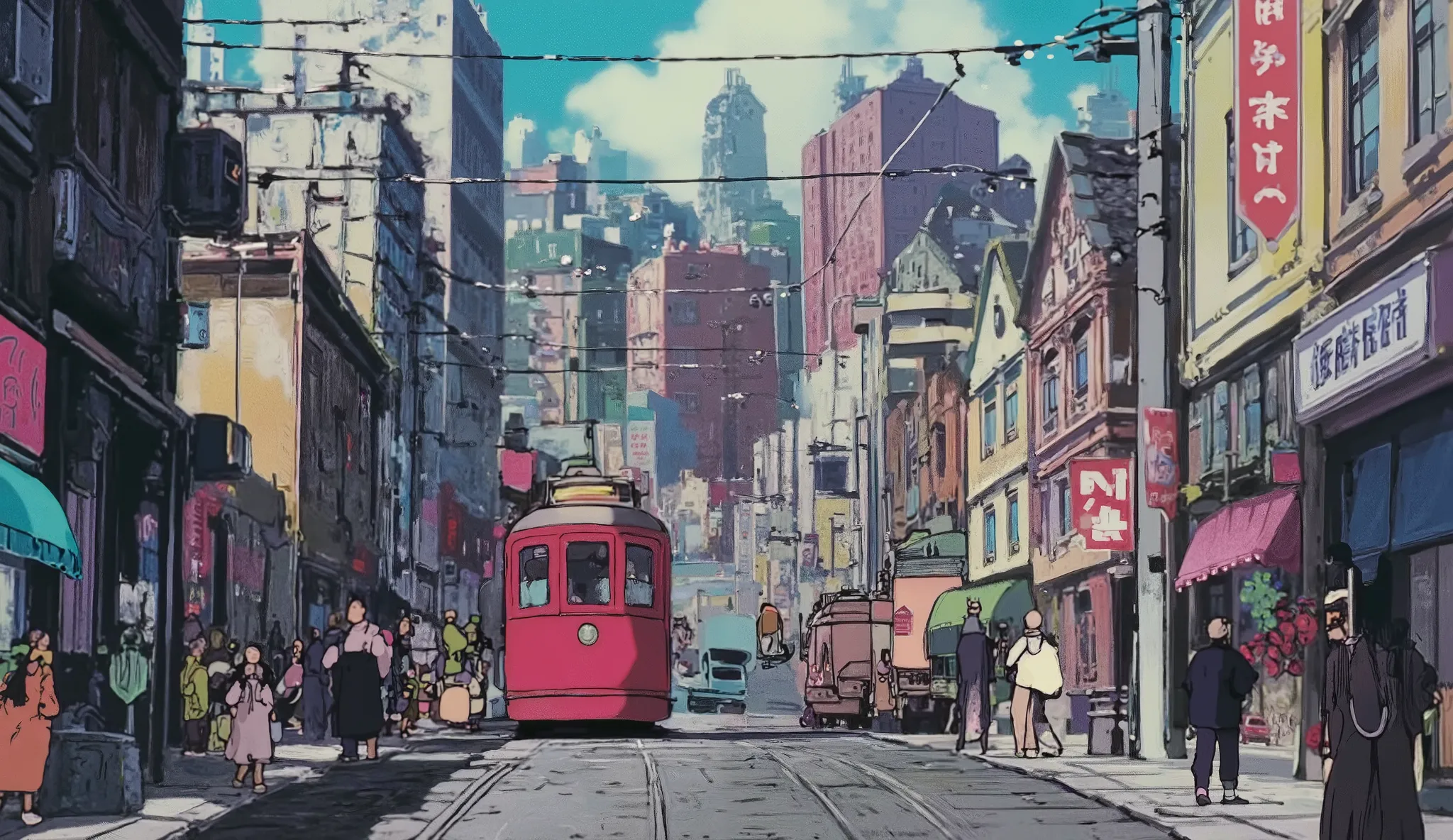 Japan、cityscape、Electric pole、car、City、people々, painting style are semi-realistic, and、Ghibli inspiration has been added, The soft brushstrokes and vivid, Harmonious Colors."retro art,1990(style)