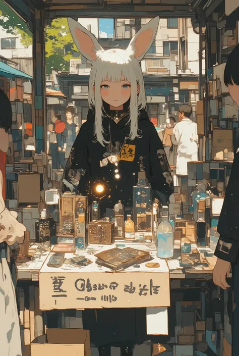 photo-realistic cinematic illustration of a sunny outdoor flea market in a city park, filled with vendor stalls selling handmade goods and vintage clothes, but one unusual stall is run by a mysterious woman with long white rabbit ears
she wears modern str...