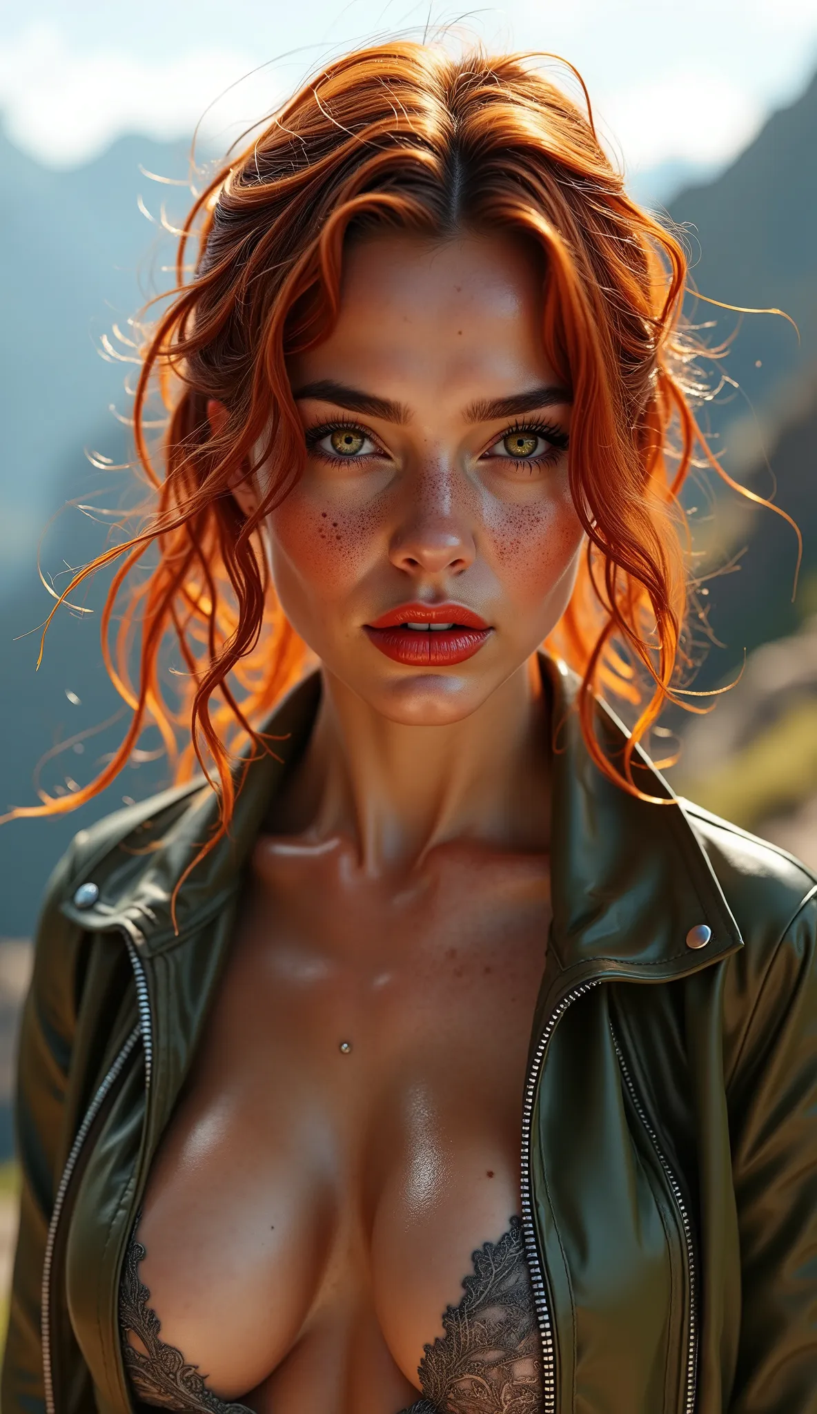 Realistic (photorealistic Realism), (high resolution), ((intricately detailed digital art)), professional low coloured and contrast photography a young more freckles woman with vibrant, fiery red hair, centered in the image. She appears to be in her lates ...