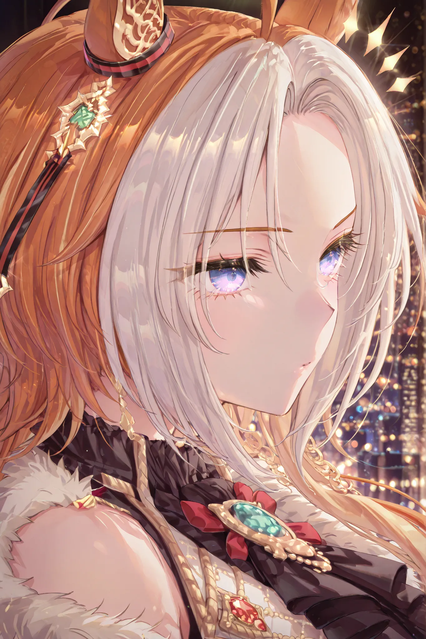 masterpiece、orfevre \(umamusume\)、A dramatic anime-style bust-up portrait of a character, framed like a cinematic photograph. The background features a stunning night cityscape with vibrant, glowing lights and soft bokeh effects, creating a dreamy and atmo...
