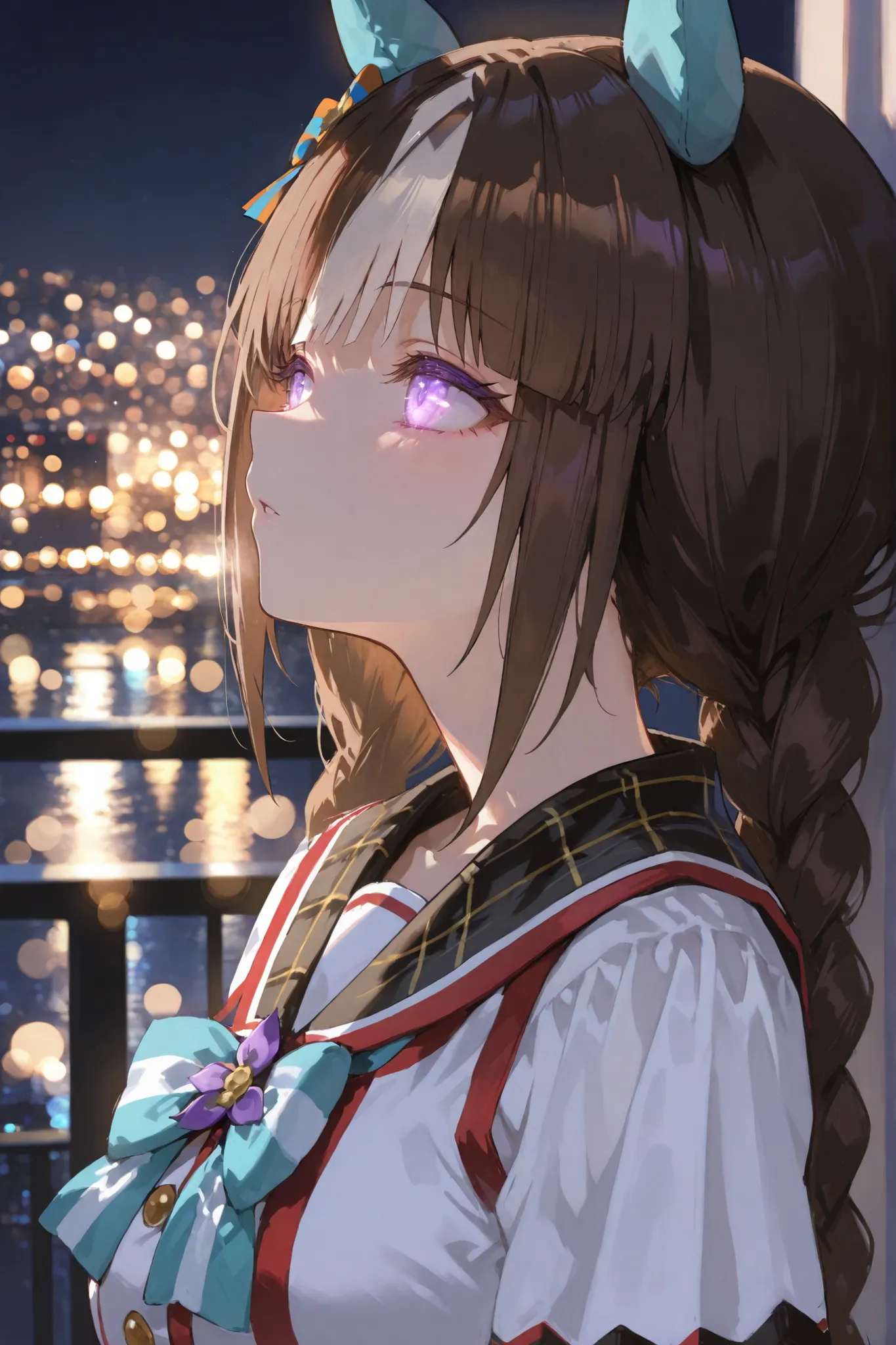 masterpiece、hokko tarumae \(umamusume\)、A dramatic anime-style bust-up portrait of a character, framed like a cinematic photograph. The background features a stunning night cityscape with vibrant, glowing lights and soft bokeh effects, creating a dreamy an...