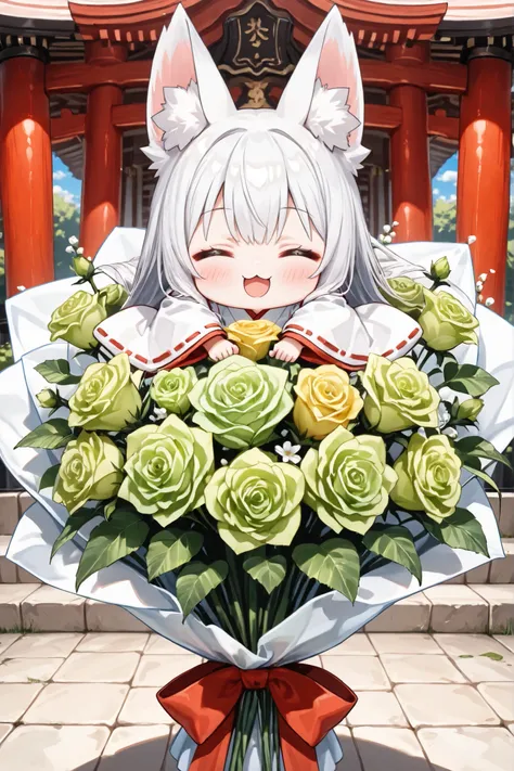 ((Masterpiece)),((best quality)),((incredibly absurdres)),((8K)),(anime style),
1 (chibi girl) ,(anime chibi),solo,minigirl,white hair,long hair,straight hair,baby face,cute,kawaii,white fox ears,big eyes,
(miko),Maiden miko outfit,wide sleeves,
:3,innoce...