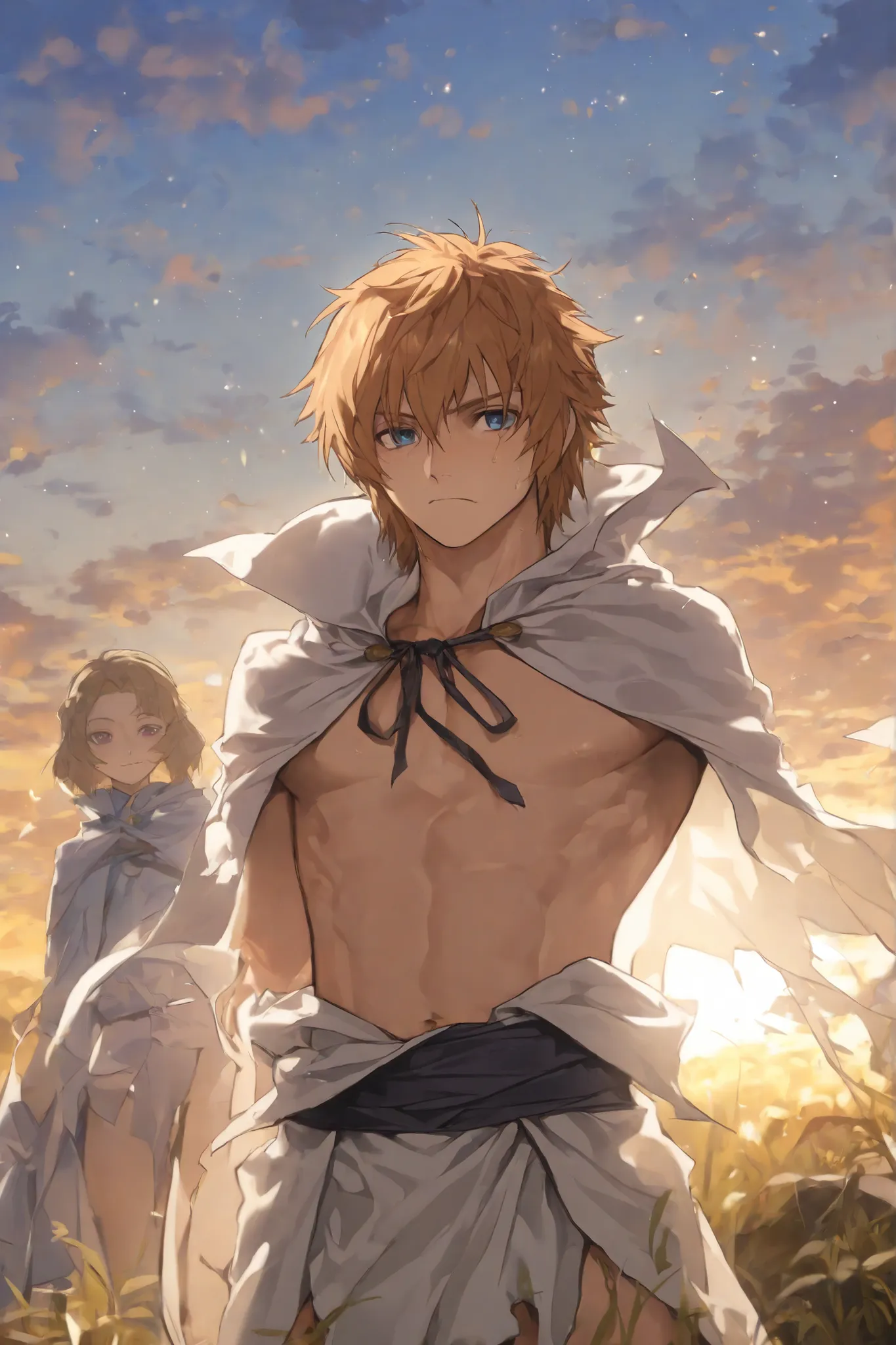 Garoto, short hair small light brown, olhos roxo, pele clara, Naked cape covering the waist , sem camisa, musculoso, colar de dentes 
