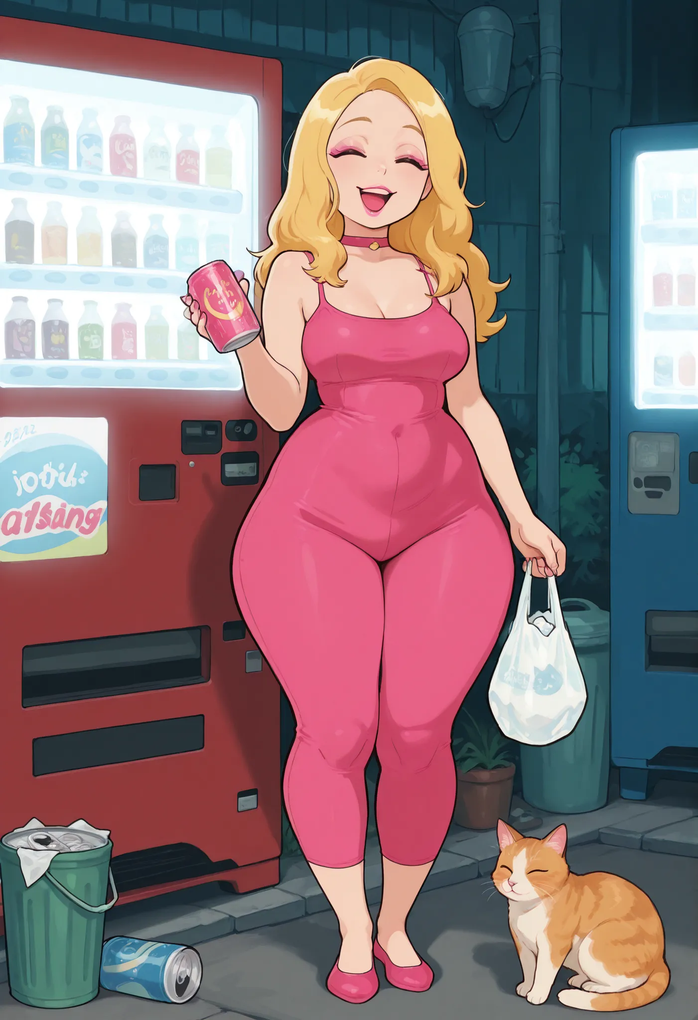 Francine Smith, looking at viewer, pink lipstick, choker, Blonde hair, medium breasts, huge hips. long hair.| smile,open mouth,short hair,holding,standing,full body,closed eyes,outdoors,cat,can,trash can,plastic bag,vending machine,,masterpiece,best qualit...