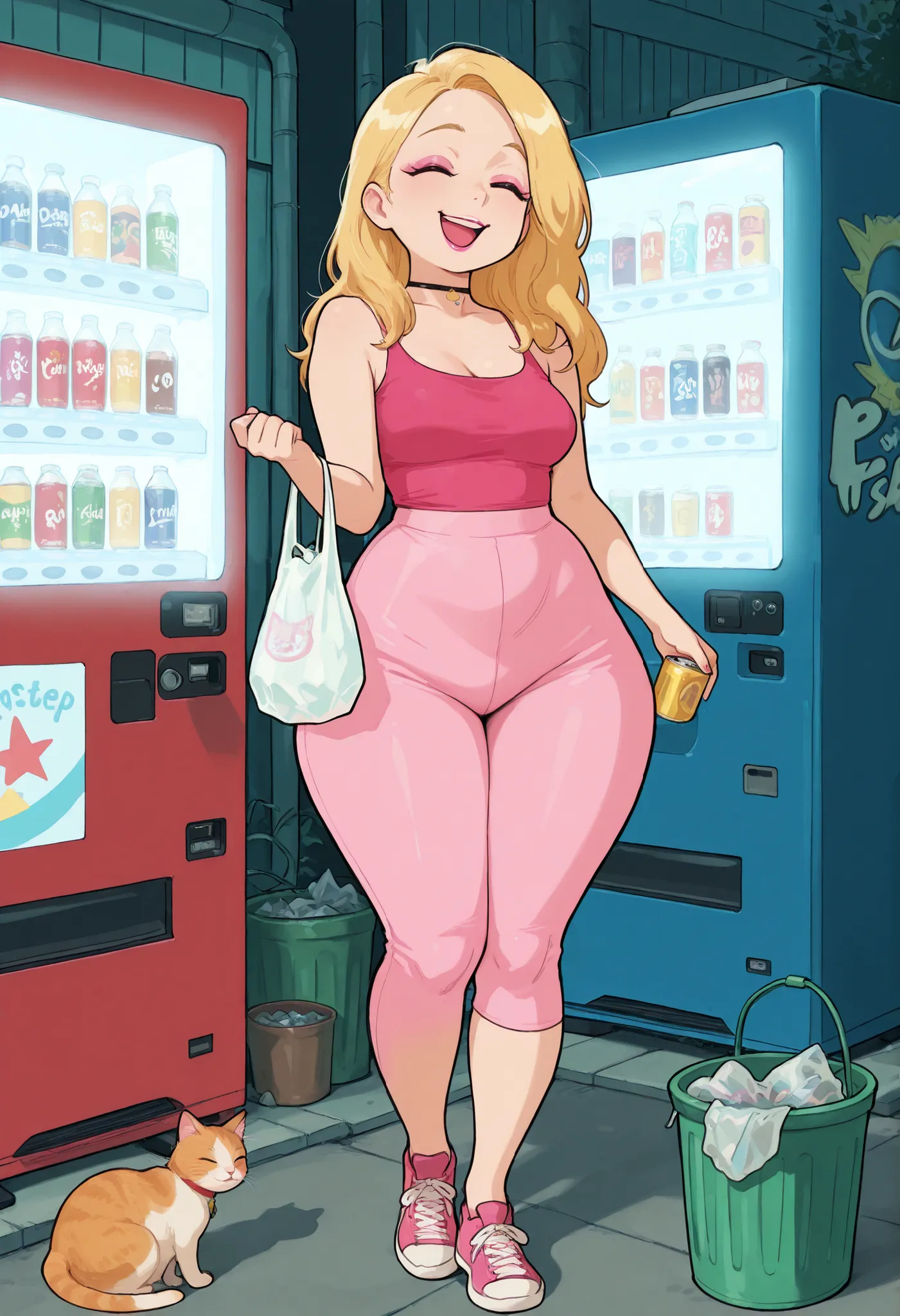 Francine Smith, looking at viewer, pink lipstick, choker, Blonde hair, medium breasts, huge hips. long hair.| smile,open mouth,short hair,holding,standing,full body,closed eyes,outdoors,cat,can,trash can,plastic bag,vending machine,,masterpiece,best qualit...