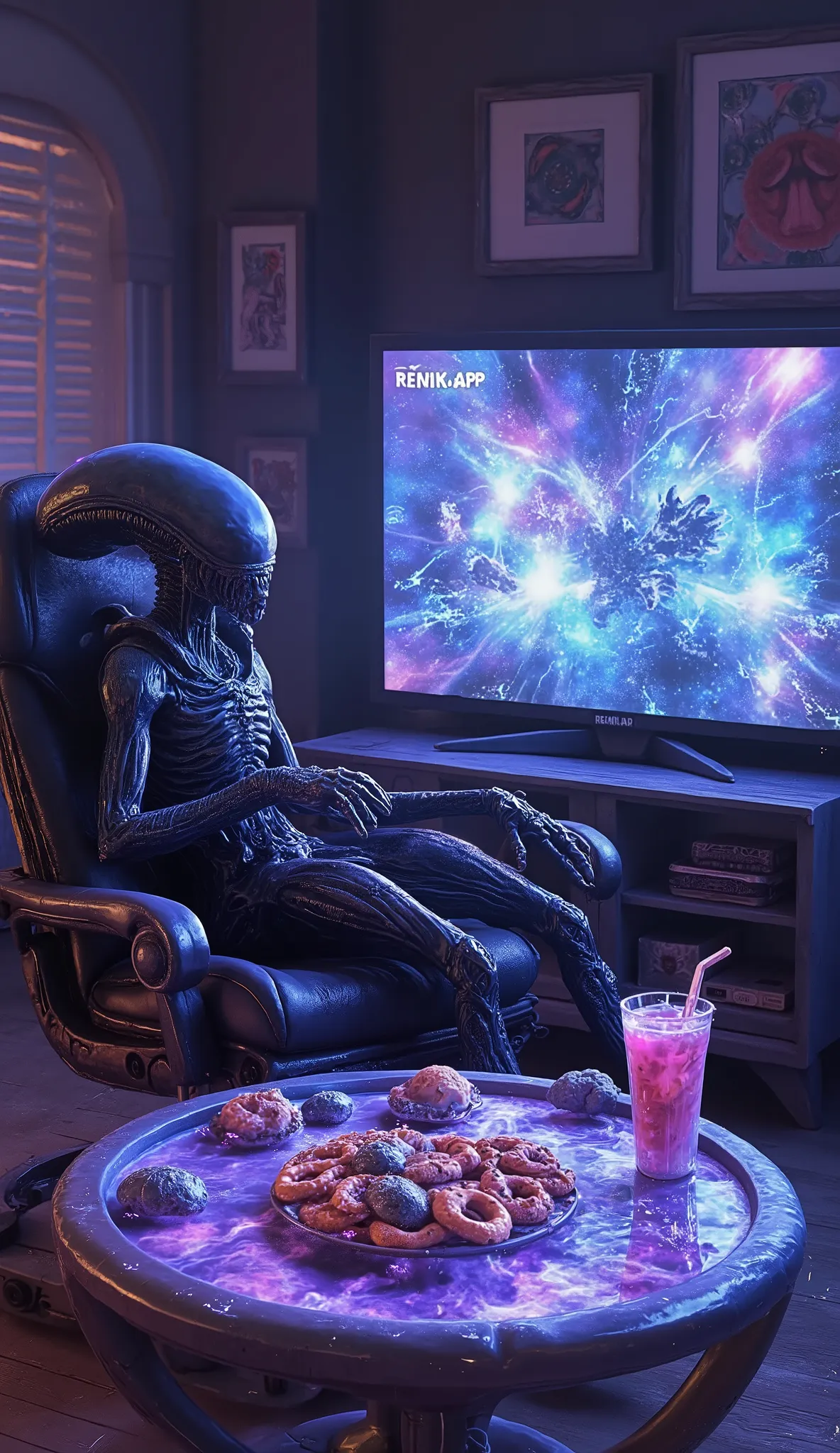 A whimsical, blue-skinned alien with elongated limbs and a bulbous head, lounging comfortably in an ergonomic chair designed for intergalactic beings. The alien's large, almond-shaped eyes are glued to a colossal 72-inch television screen that fills almost...